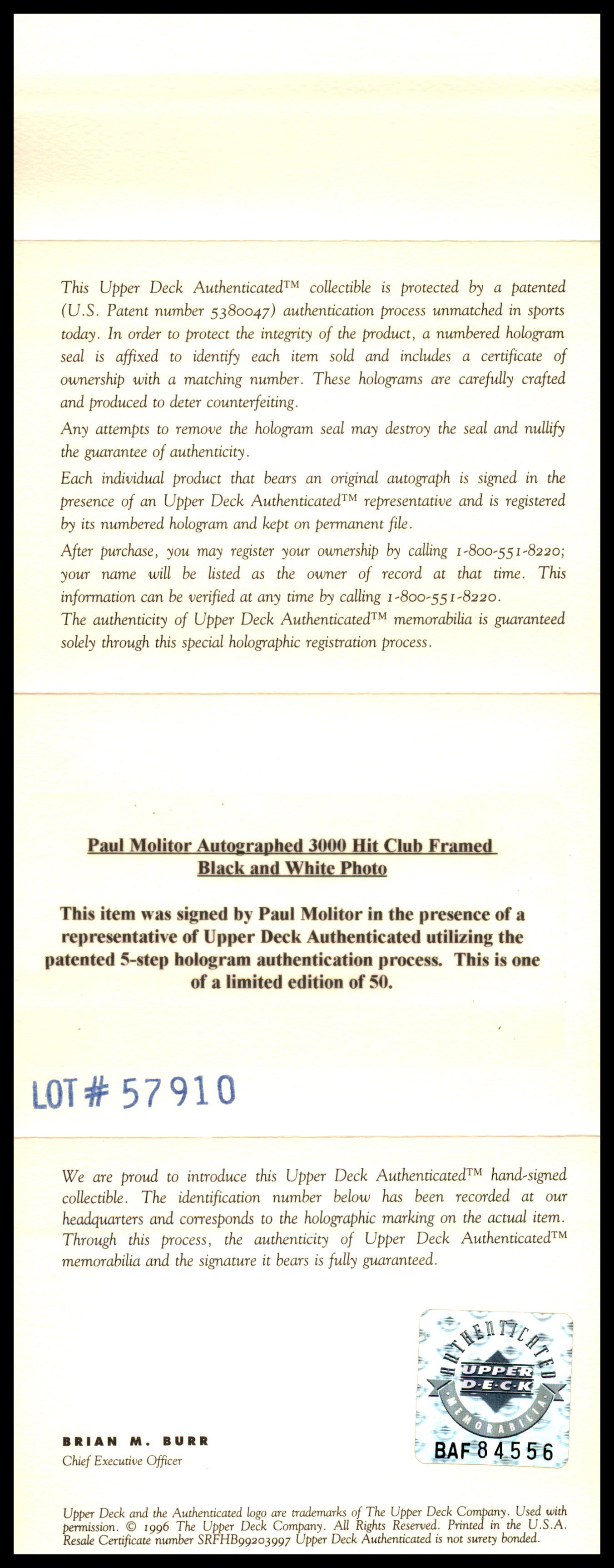 Paul Molitor Autographed Framed Gold 3000th Hit Club 5x7 Photo Minnesota Twins #20/50 UDA Holo #BAF84556