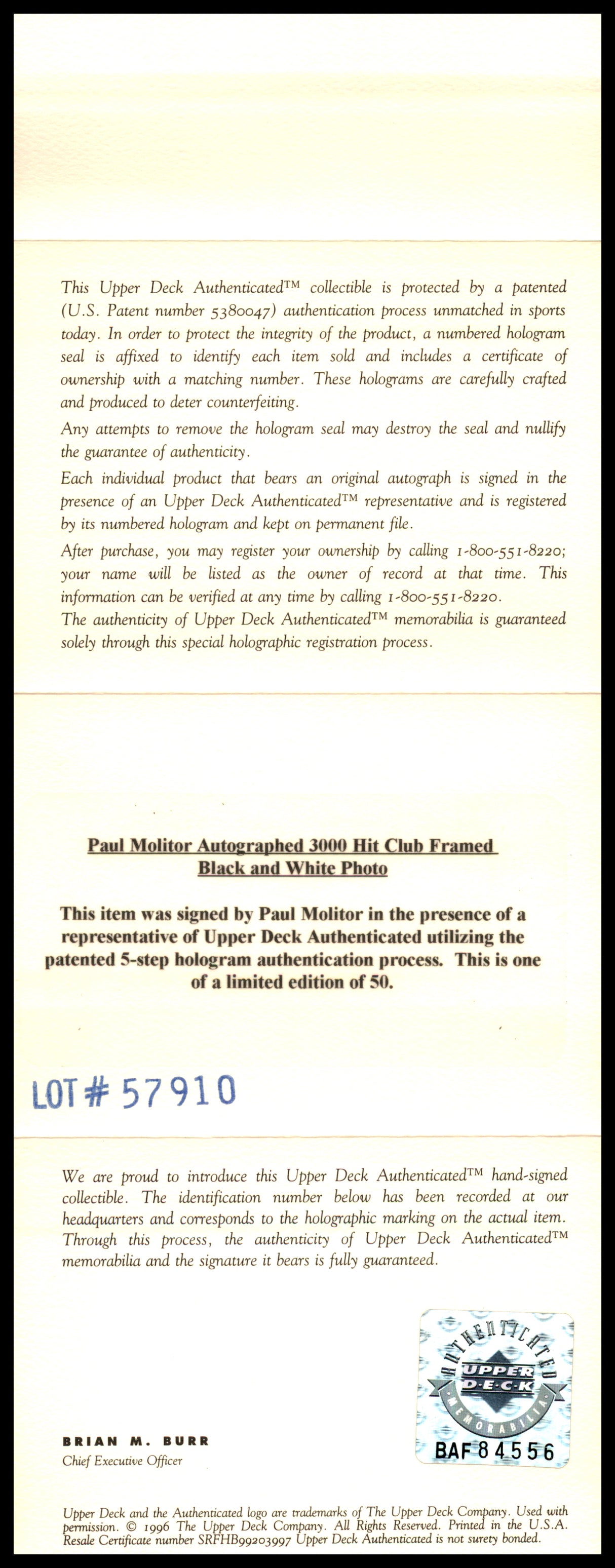 Paul Molitor Autographed Framed Gold 3000th Hit Club 5x7 Photo Minnesota Twins #20/50 UDA Holo #BAF84556