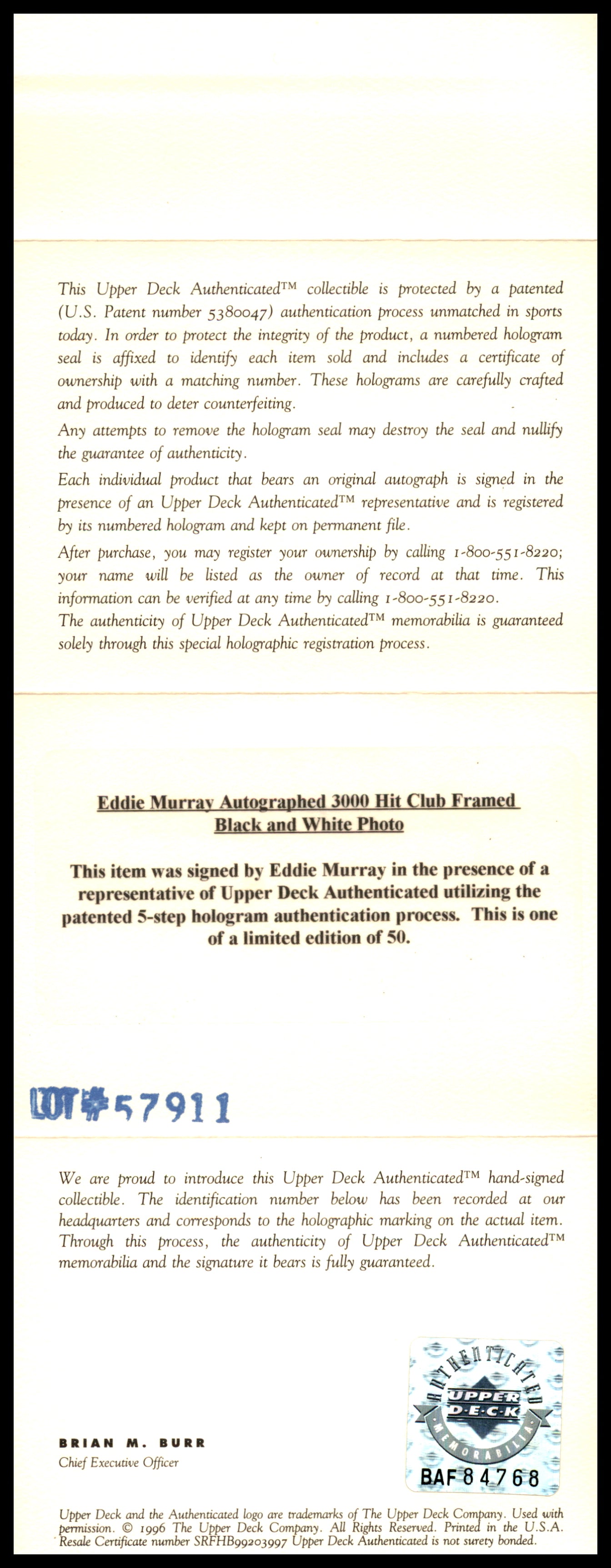 Eddie Murray Autographed Framed Gold 3000th Hit Club 5x7 Photo Cleveland Indians #27/50 UDA Holo #BAF84768