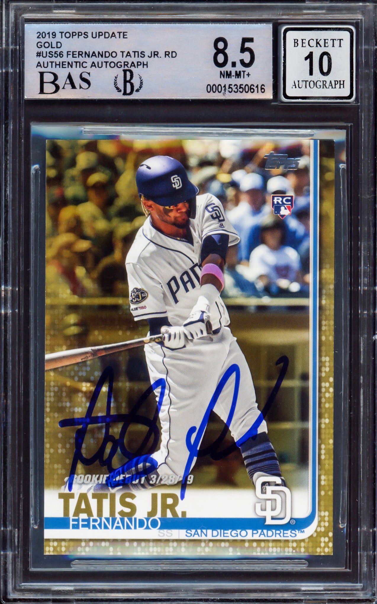 Fernando Tatis Jr. Autographed 2019 Topps Update Gold Rookie Card #US56 San Diego Padres BGS 8.5 Auto Grade Gem Mint 10 Beckett BAS Stock #212267