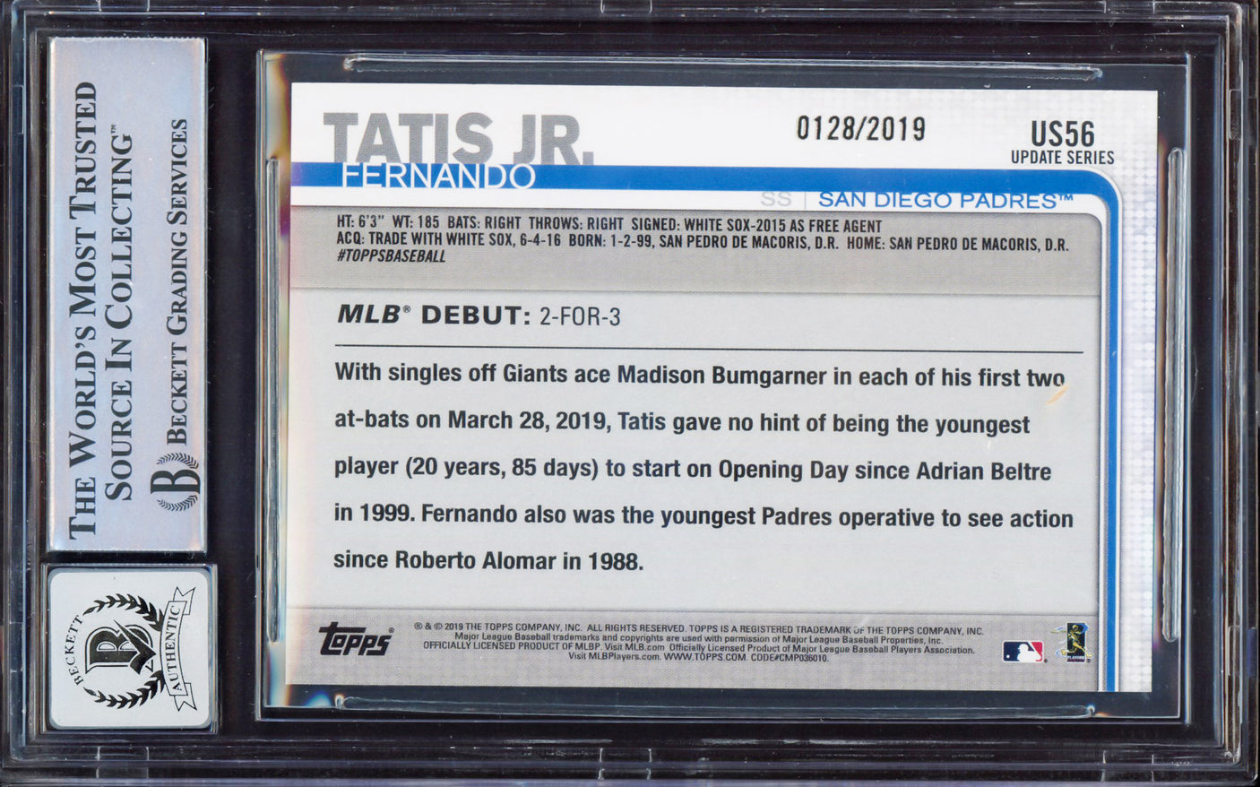 Fernando Tatis Jr. Autographed 2019 Topps Update Gold Rookie Card #US56 San Diego Padres BGS 8.5 Auto Grade Gem Mint 10 Beckett BAS Stock #212267