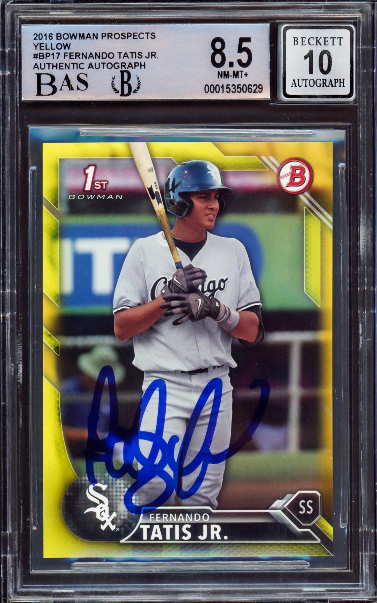 Fernando Tatis Jr. Autographed 2016 Bowman Prospect Yellow Rookie Card #BP17 San Diego Padres BGS 8.5 Auto Grade Gem Mint 10 Beckett BAS Stock #212269