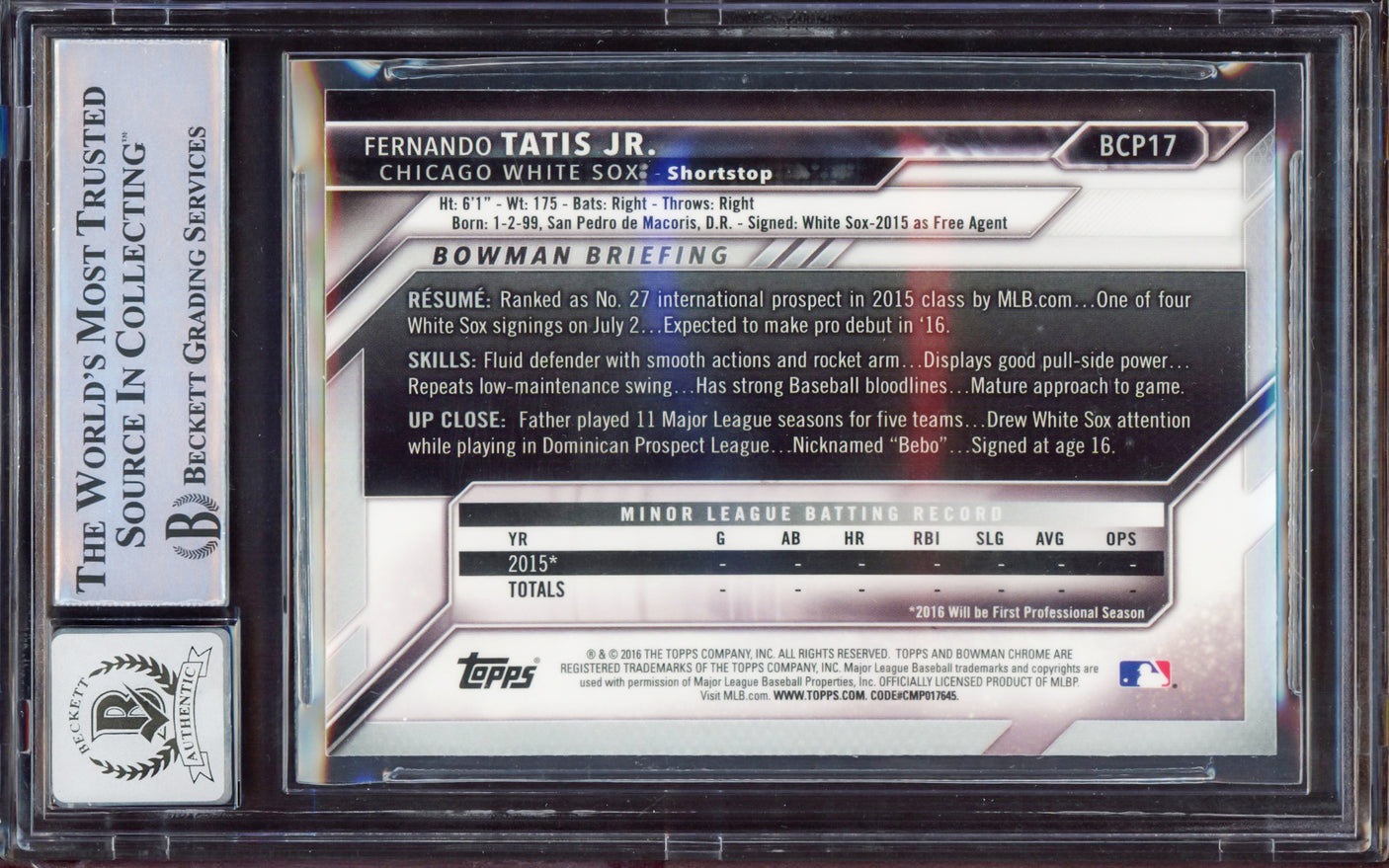 Fernando Tatis Jr. Autographed 2016 Bowman Chrome Prospect Rookie Card #BCP17 San Diego Padres BGS 8.5 Auto Grade Gem Mint 10 Beckett BAS Stock #212270