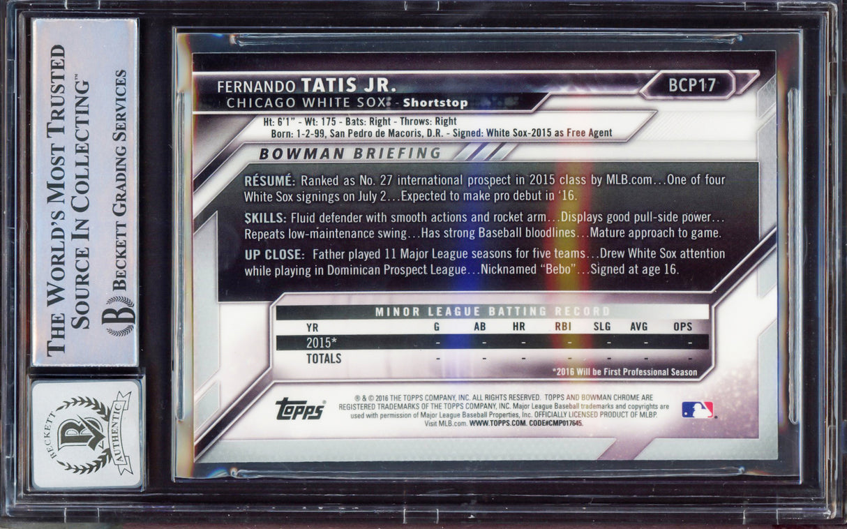 Fernando Tatis Jr. Autographed 2016 Bowman Chrome Prospect Rookie Card #BCP17 San Diego Padres Auto Grade Gem Mint 10 Beckett BAS Stock #212272