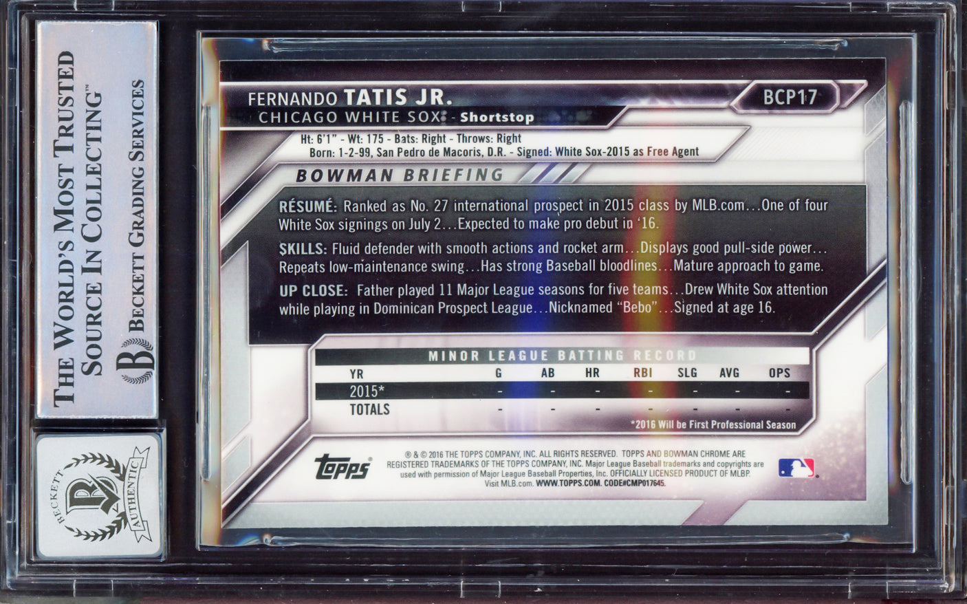 Fernando Tatis Jr. Autographed 2016 Bowman Chrome Prospect Rookie Card #BCP17 San Diego Padres Auto Grade Gem Mint 10 Beckett BAS Stock #212272