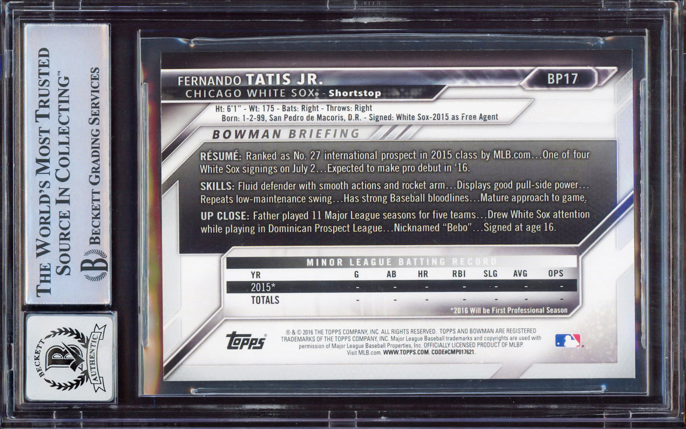Fernando Tatis Jr. Autographed 2016 Bowman Prospect Rookie Card #BP17 San Diego Padres BGS 9 Auto Grade Gem Mint 10 Beckett BAS Stock #212273