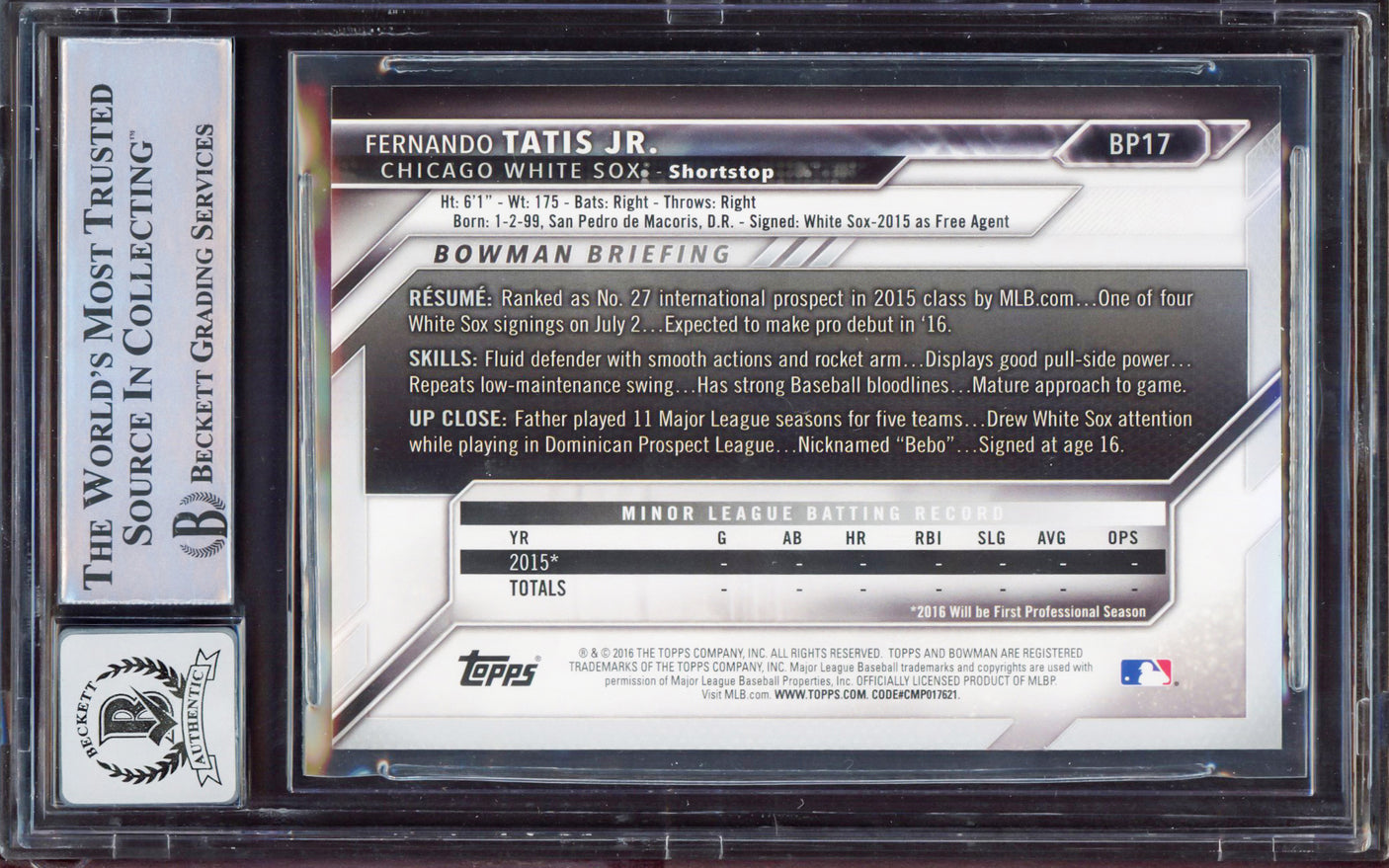 Fernando Tatis Jr. Autographed 2016 Bowman Prospect Rookie Card #BP17 San Diego Padres BGS 8.5 Auto Grade Gem Mint 10 Beckett BAS Stock #212274