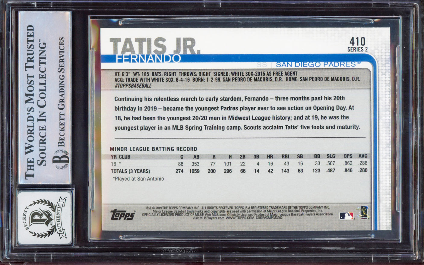 Fernando Tatis Jr. Autographed 2019 Topps Rookie Card #410 San Diego Padres BGS 8.5 Auto Grade Gem Mint 10 Beckett BAS Stock #212278