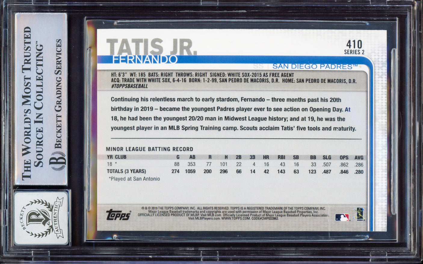 Fernando Tatis Jr. Autographed 2019 Topps Rookie Card #410 San Diego Padres BGS 8 Auto Grade Gem Mint 10 Beckett BAS Stock #212279