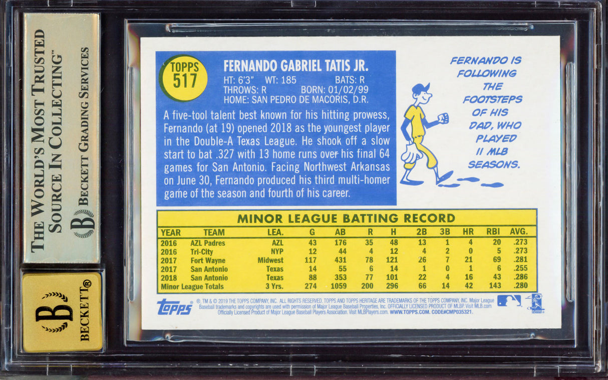 Fernando Tatis Jr. Autographed 2019 Topps Heritage Rookie Card #517 San Diego Padres BGS 9.5 Auto Grade Gem Mint 10 Highest Graded Beckett BAS Stock #212280