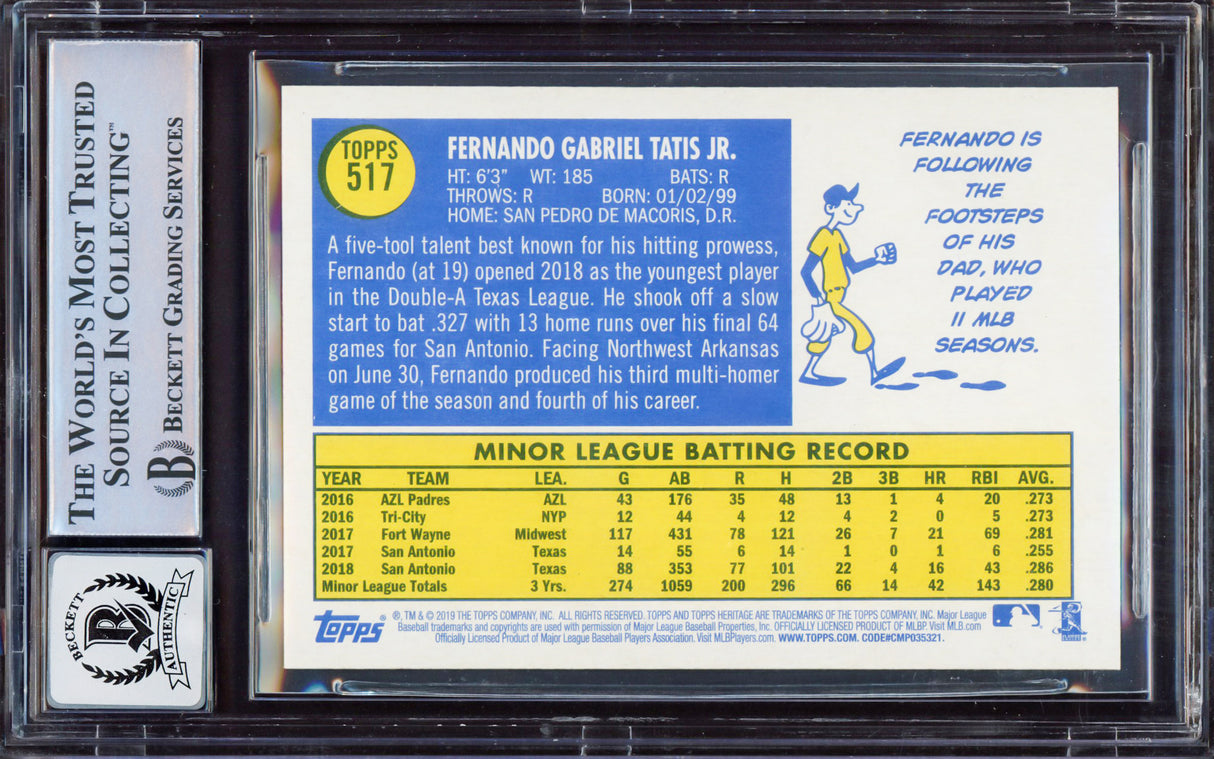 Fernando Tatis Jr. Autographed 2019 Topps Heritage Rookie Card #517 San Diego Padres BGS 9 Auto Grade Gem Mint 10 Beckett BAS Stock #212281