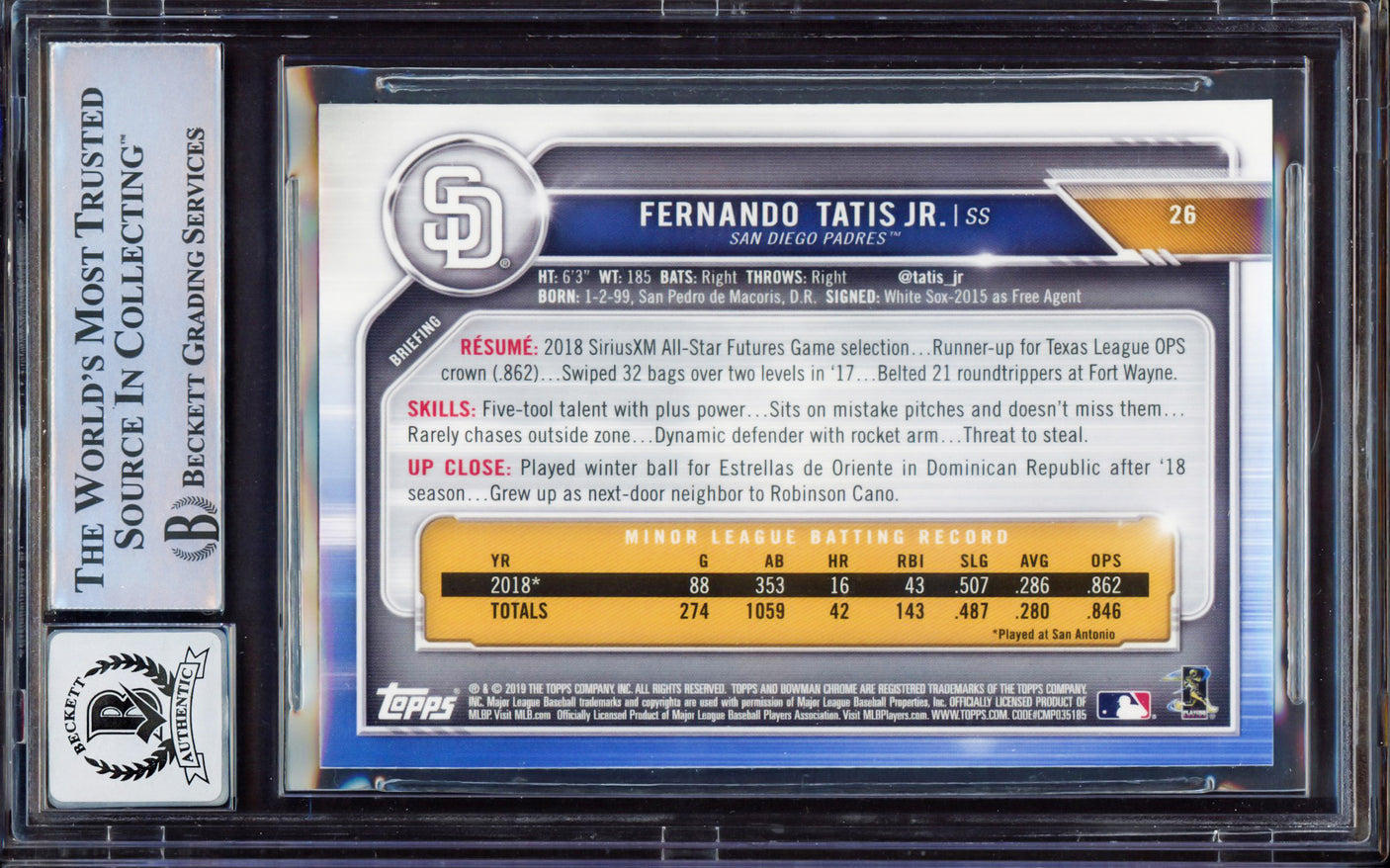 Fernando Tatis Jr. Autographed 2019 Bowman Chrome Rookie Card #26 San Diego Padres BGS 9 Auto Grade Gem Mint 10 Beckett BAS Stock #212283