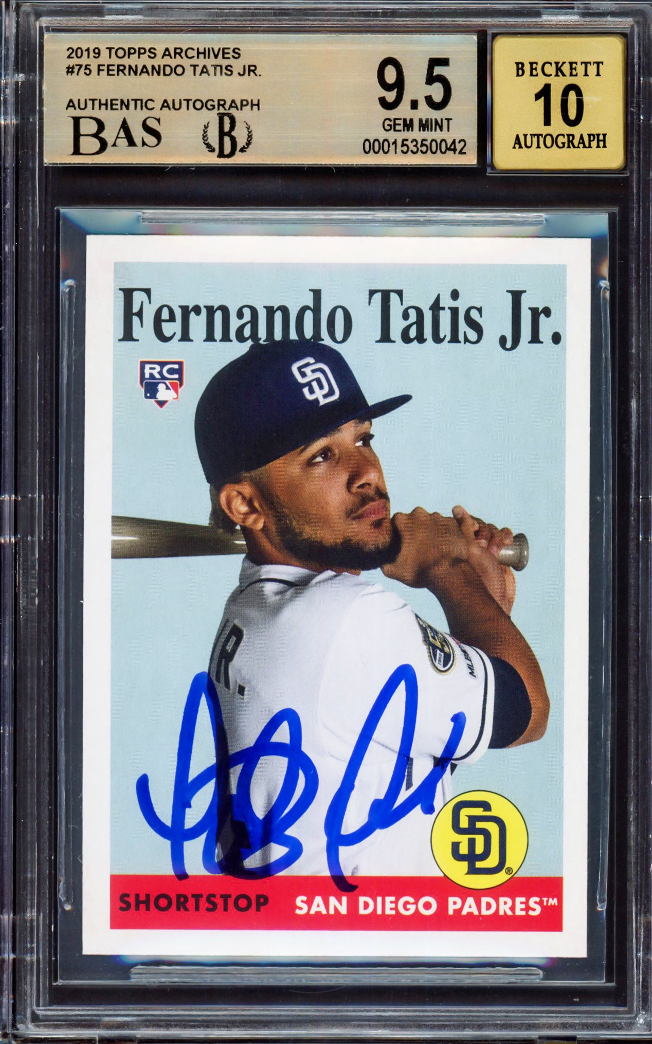 Fernando Tatis Jr. Autographed 2019 Topps Archives Rookie Card #75 San Diego Padres BGS 9.5 Auto Grade Gem Mint 10 Highest Graded Beckett BAS Stock #212284