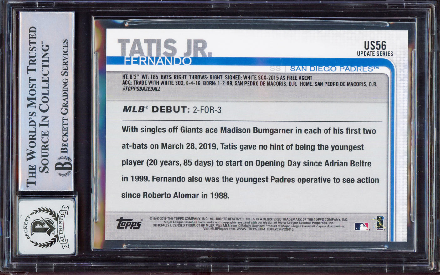 Fernando Tatis Jr. Autographed 2019 Topps Update 150th Anniversary Rookie Card #US56 San Diego Padres BGS 9 Auto Grade Gem Mint 10 Beckett BAS Stock #212286