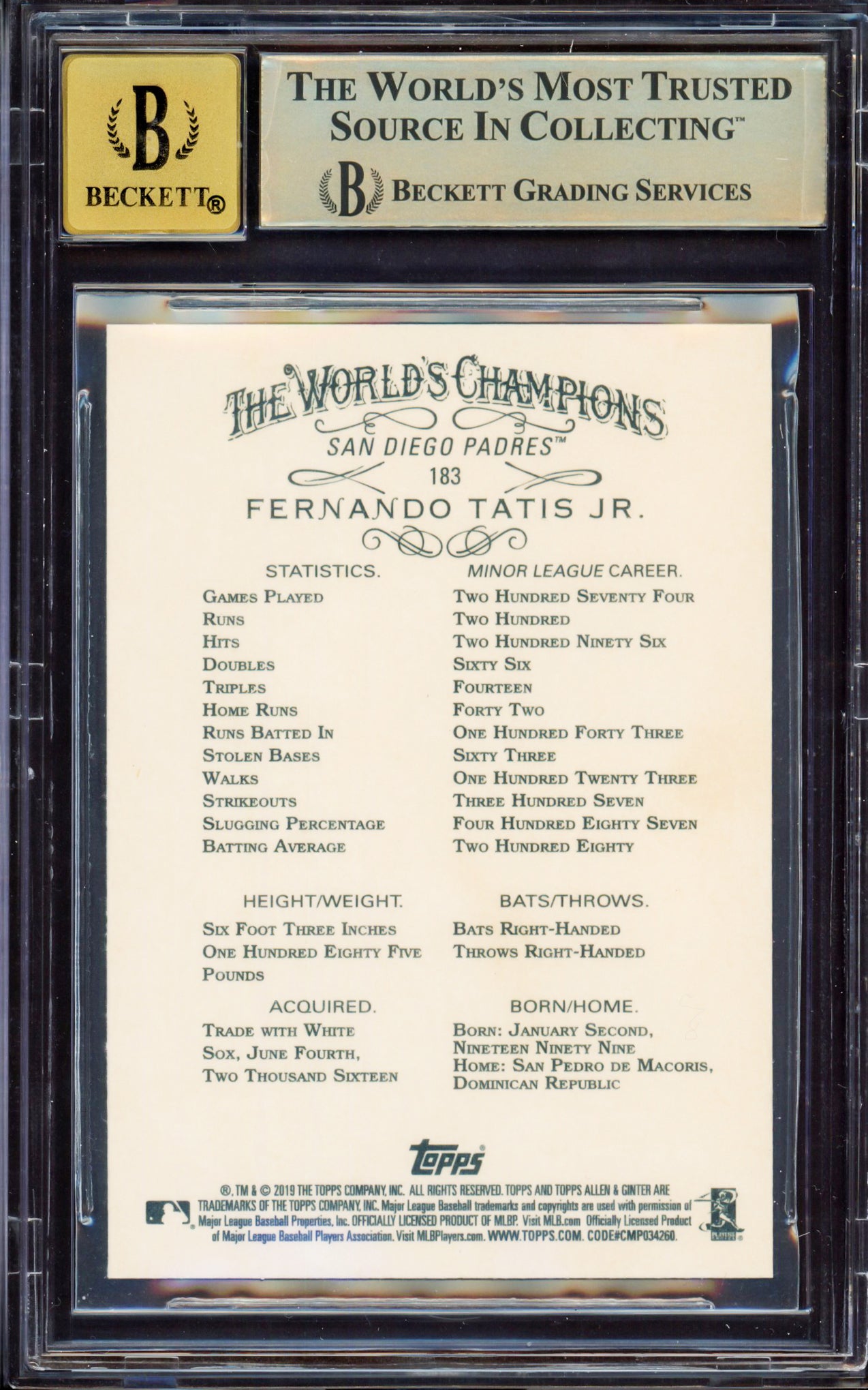 Fernando Tatis Jr. Autographed 2019 Topps Allen & Ginter Rookie Card #183 San Diego Padres BGS 9.5 Auto Grade Gem Mint 10 Beckett BAS Stock #212287