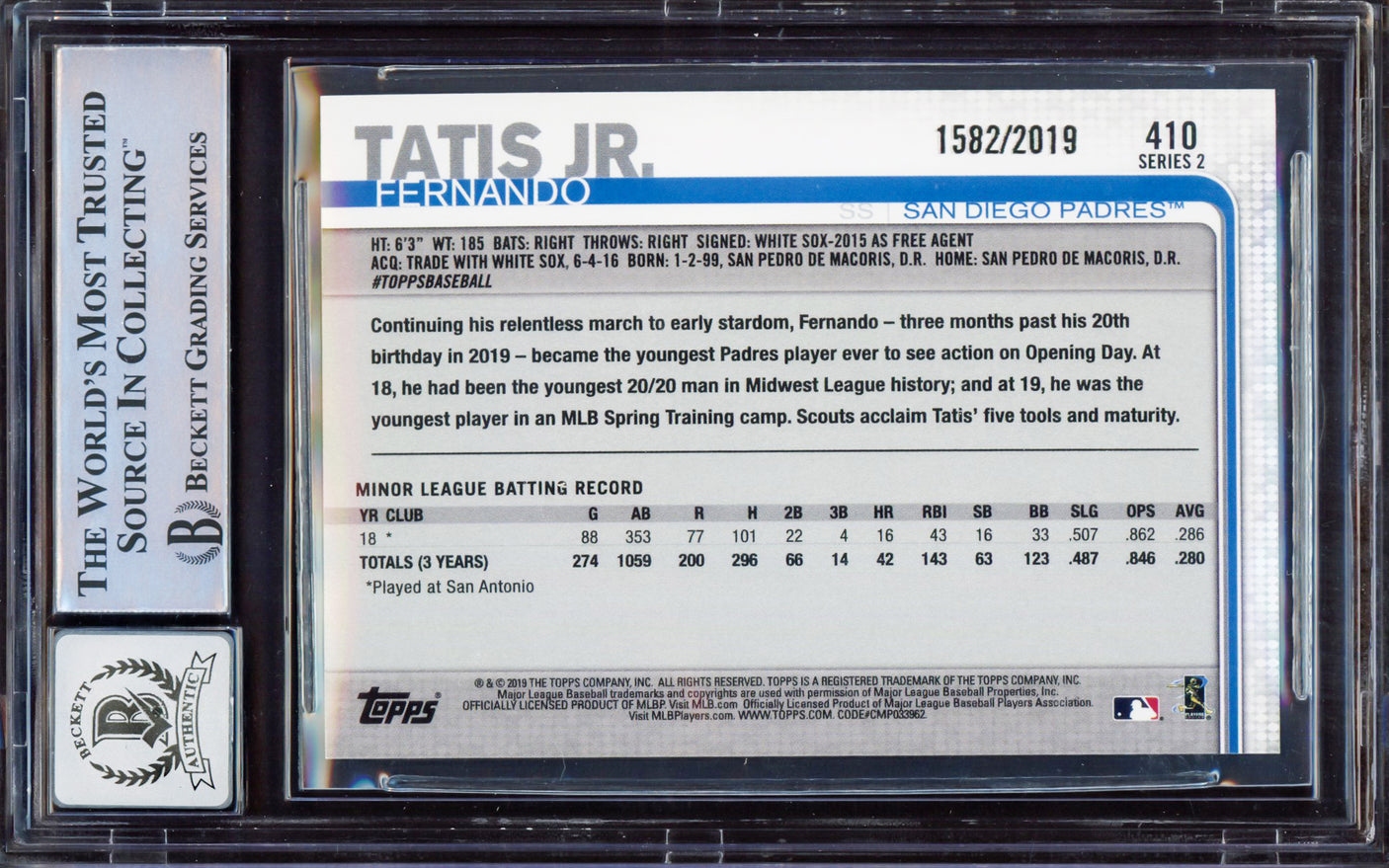 Fernando Tatis Jr. Autographed 2019 Topps Gold Rookie Card #410 San Diego Padres BGS 8.5 Auto Grade Gem Mint 10 Beckett BAS #15350624