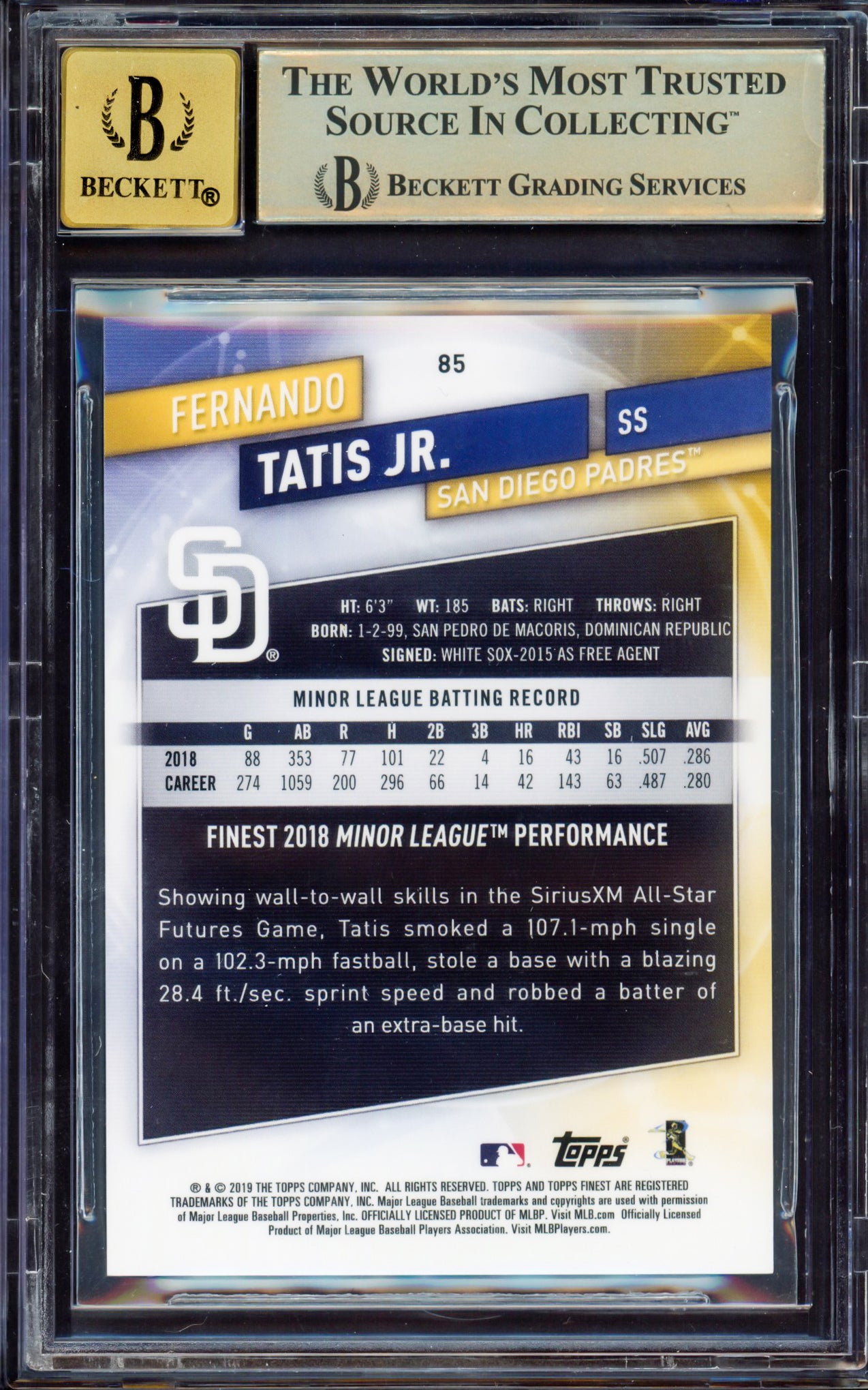 Fernando Tatis Jr. Autographed 2019 Topps Finest Purple Refractor Rookie Card #85 San Diego Padres BGS 9.5 Auto Grade Gem Mint 10 Highest Graded #115/250 Beckett BAS #15350029