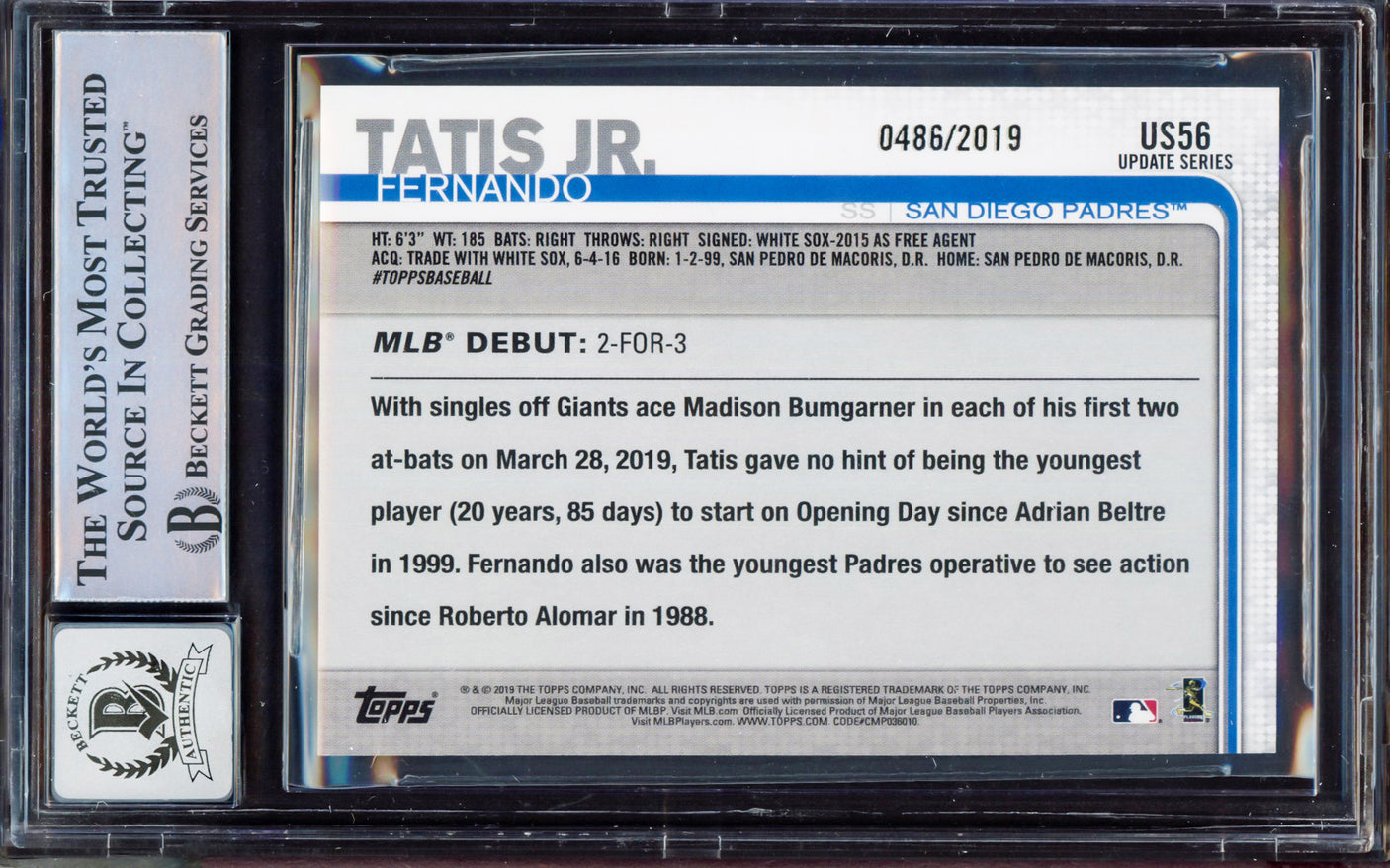 Fernando Tatis Jr. Autographed 2019 Topps Update Gold Rookie Card #US56 San Diego Padres BGS 8 Auto Grade Gem Mint 10 Beckett BAS #15350687