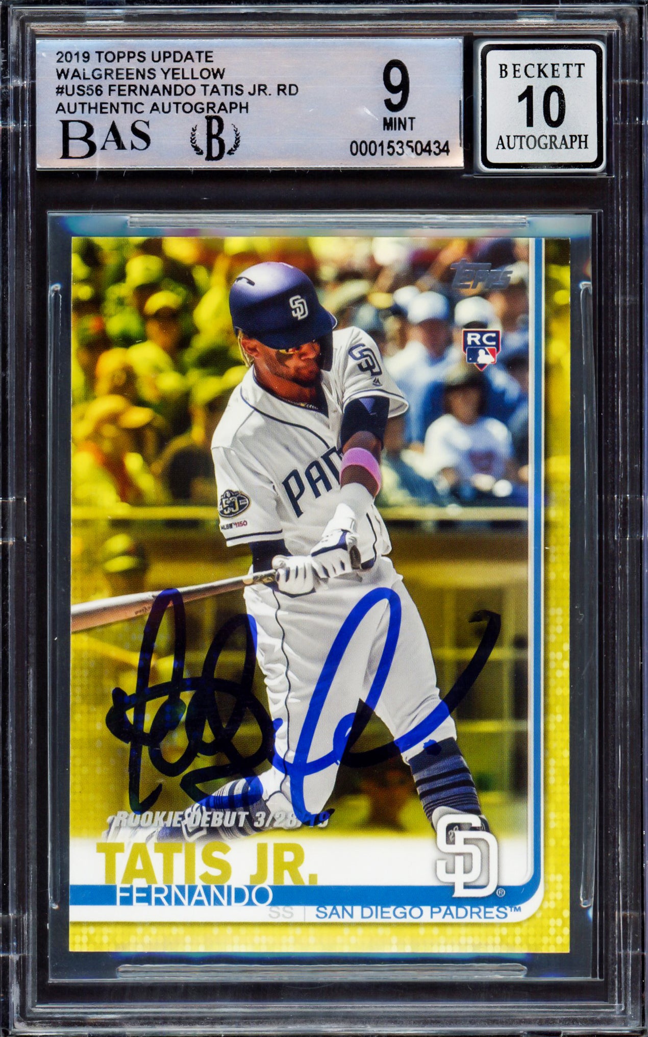 Fernando Tatis Jr. Autographed 2019 Topps Update Walgreens Yellow Rookie Card #US56 San Diego Padres BGS 9 Auto Grade Gem Mint 10 Beckett BAS #15350434