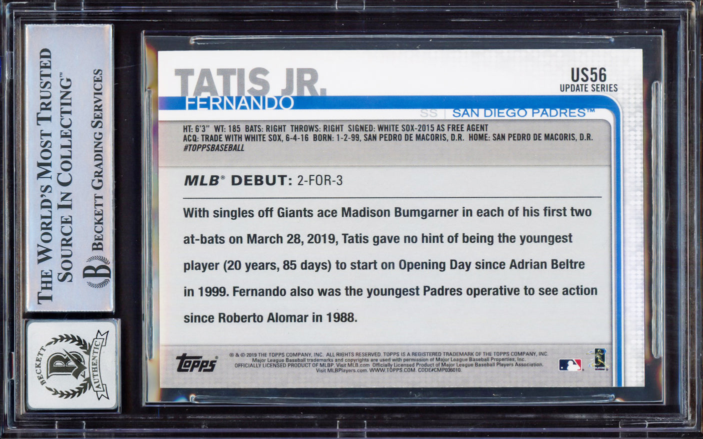 Fernando Tatis Jr. Autographed 2019 Topps Update Walgreens Yellow Rookie Card #US56 San Diego Padres BGS 9 Auto Grade Gem Mint 10 Beckett BAS #15350434