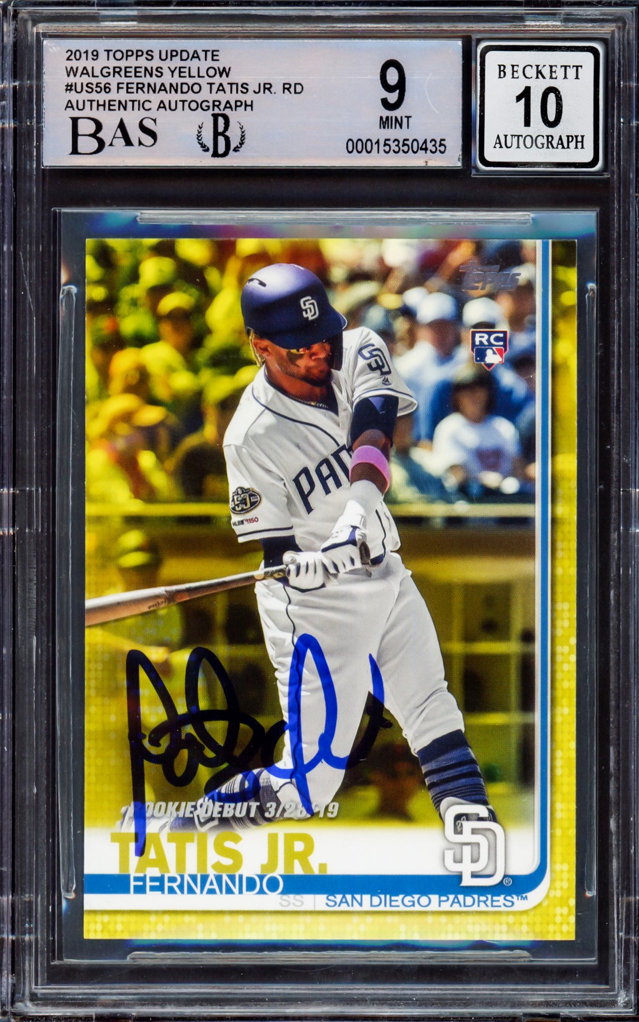 Fernando Tatis Jr. Autographed 2019 Topps Update Walgreens Yellow Rookie Card #US56 San Diego Padres BGS 9 Auto Grade Gem Mint 10 Beckett BAS #15350435