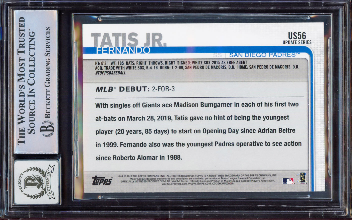 Fernando Tatis Jr. Autographed 2019 Topps Update Walgreens Yellow Rookie Card #US56 San Diego Padres BGS 9 Auto Grade Gem Mint 10 Beckett BAS #15350435