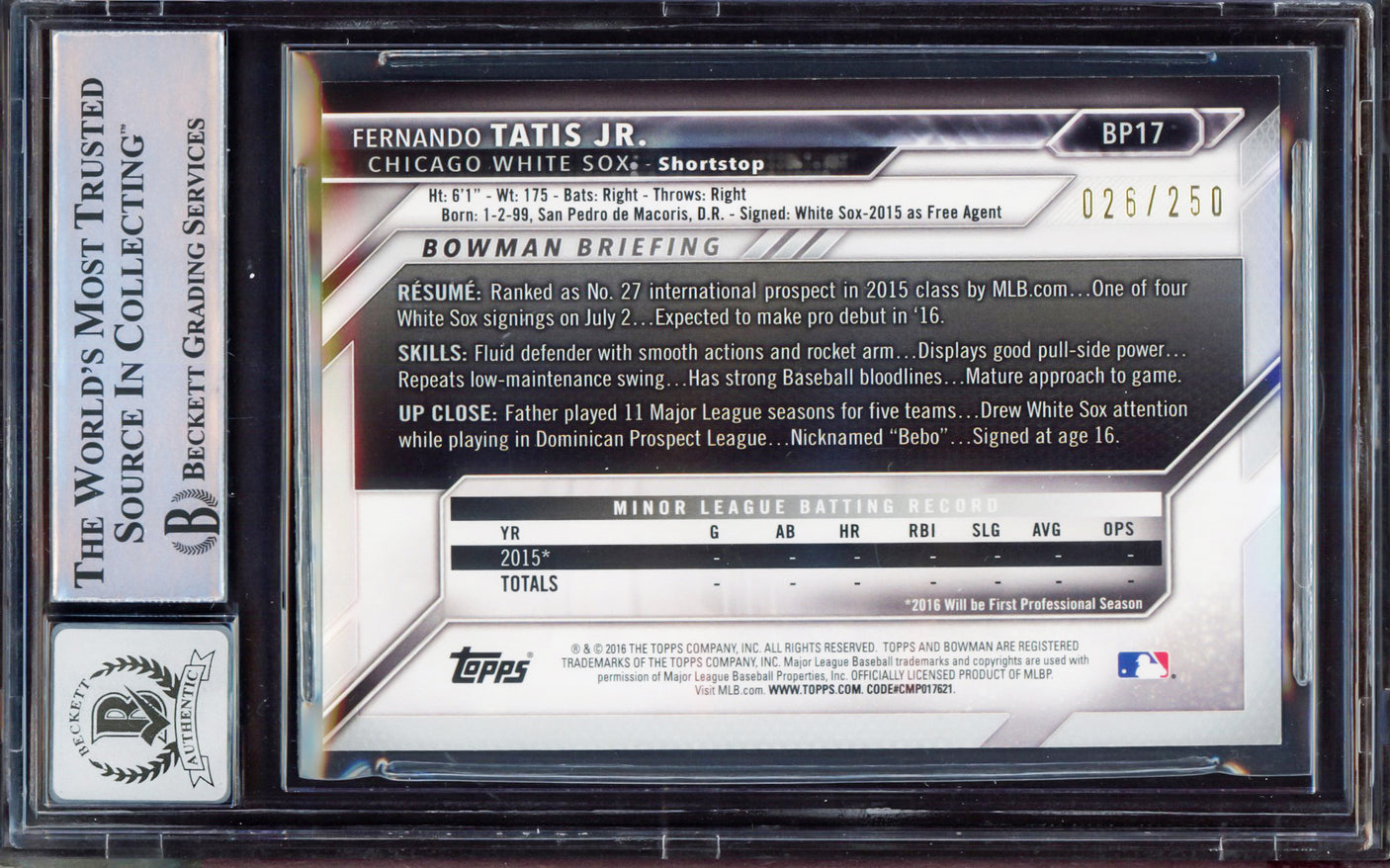 Fernando Tatis Jr. Autographed 2016 Bowman Prospect Purple Rookie Card #BP17 San Diego Padres BGS 8.5 Auto Grade Gem Mint 10 #26/250 Beckett BAS #15350631
