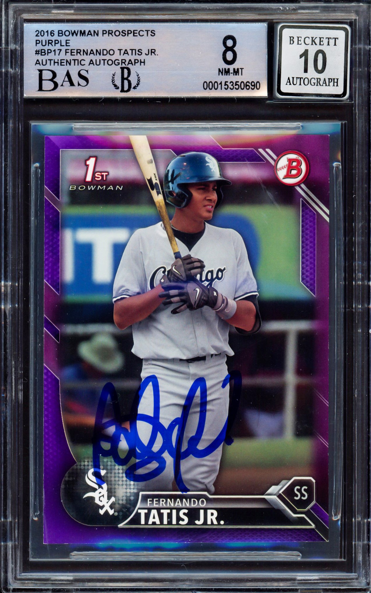 Fernando Tatis Jr. Autographed 2016 Bowman Prospect Purple Rookie Card #BP17 San Diego Padres BGS 8 Auto Grade Gem Mint 10 #246/250 Beckett BAS #15350690