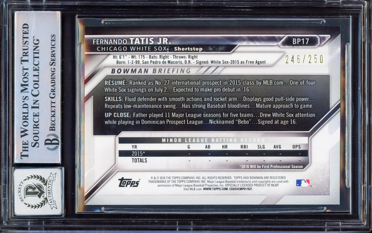 Fernando Tatis Jr. Autographed 2016 Bowman Prospect Purple Rookie Card #BP17 San Diego Padres BGS 8 Auto Grade Gem Mint 10 #246/250 Beckett BAS #15350690