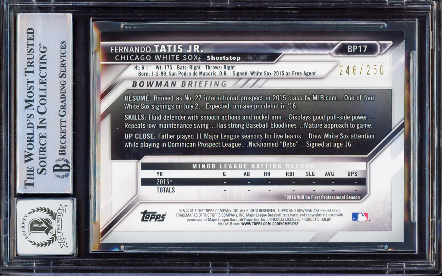 Fernando Tatis Jr. Autographed 2016 Bowman Prospect Purple Rookie Card #BP17 San Diego Padres BGS 8 Auto Grade Gem Mint 10 #246/250 Beckett BAS #15350690