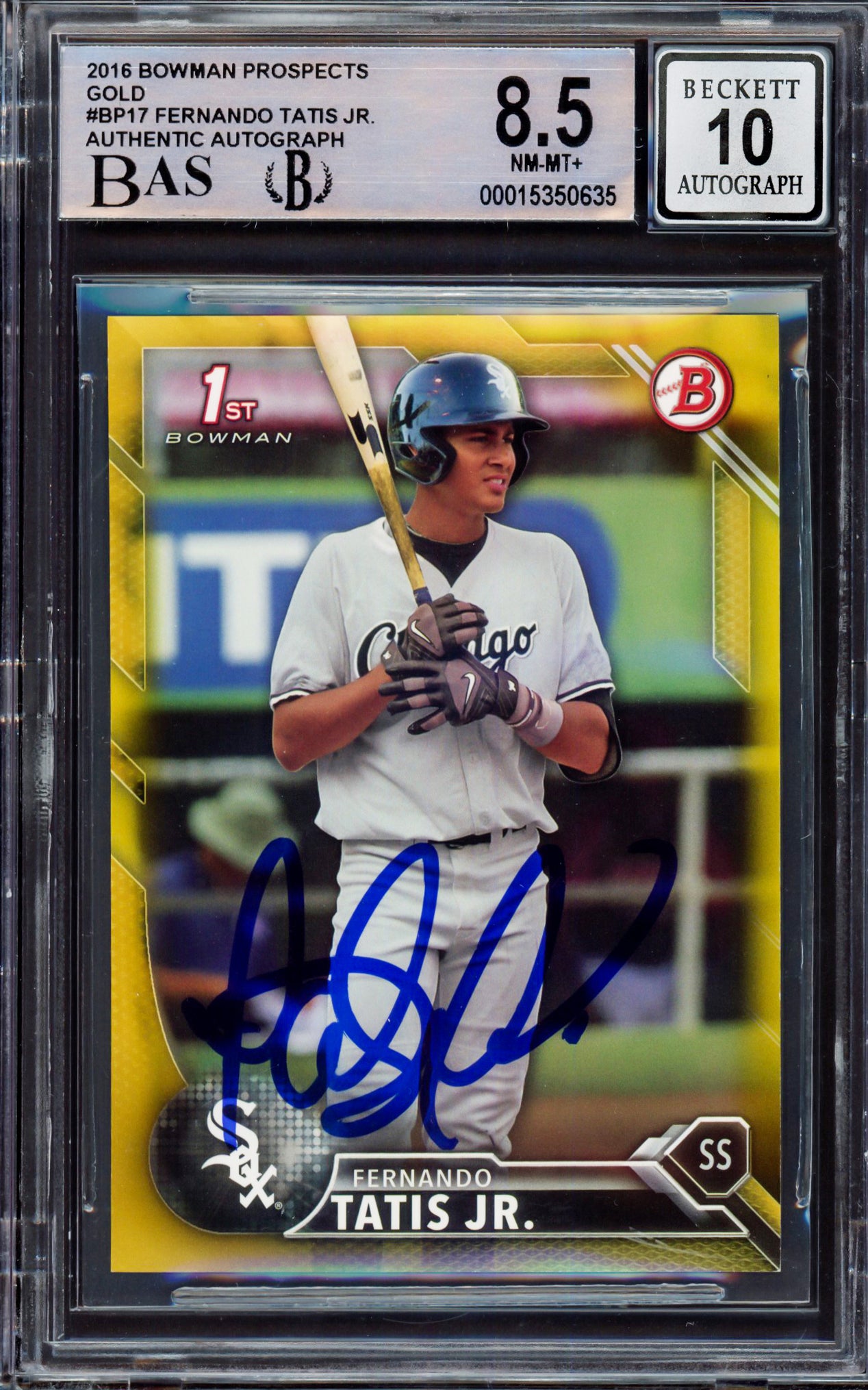 Fernando Tatis Jr. Autographed 2016 Bowman Prospect Gold Rookie Card #BP17 San Diego Padres BGS 8.5 Auto Grade Gem Mint 10 Beckett BAS SKU #15350635