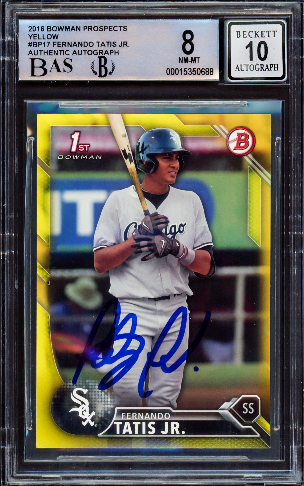 Fernando Tatis Jr. Autographed 2016 Bowman Prospect Yellow Rookie Card #BP17 San Diego Padres BGS 8 Auto Grade Gem Mint 10 Beckett BAS #15350688