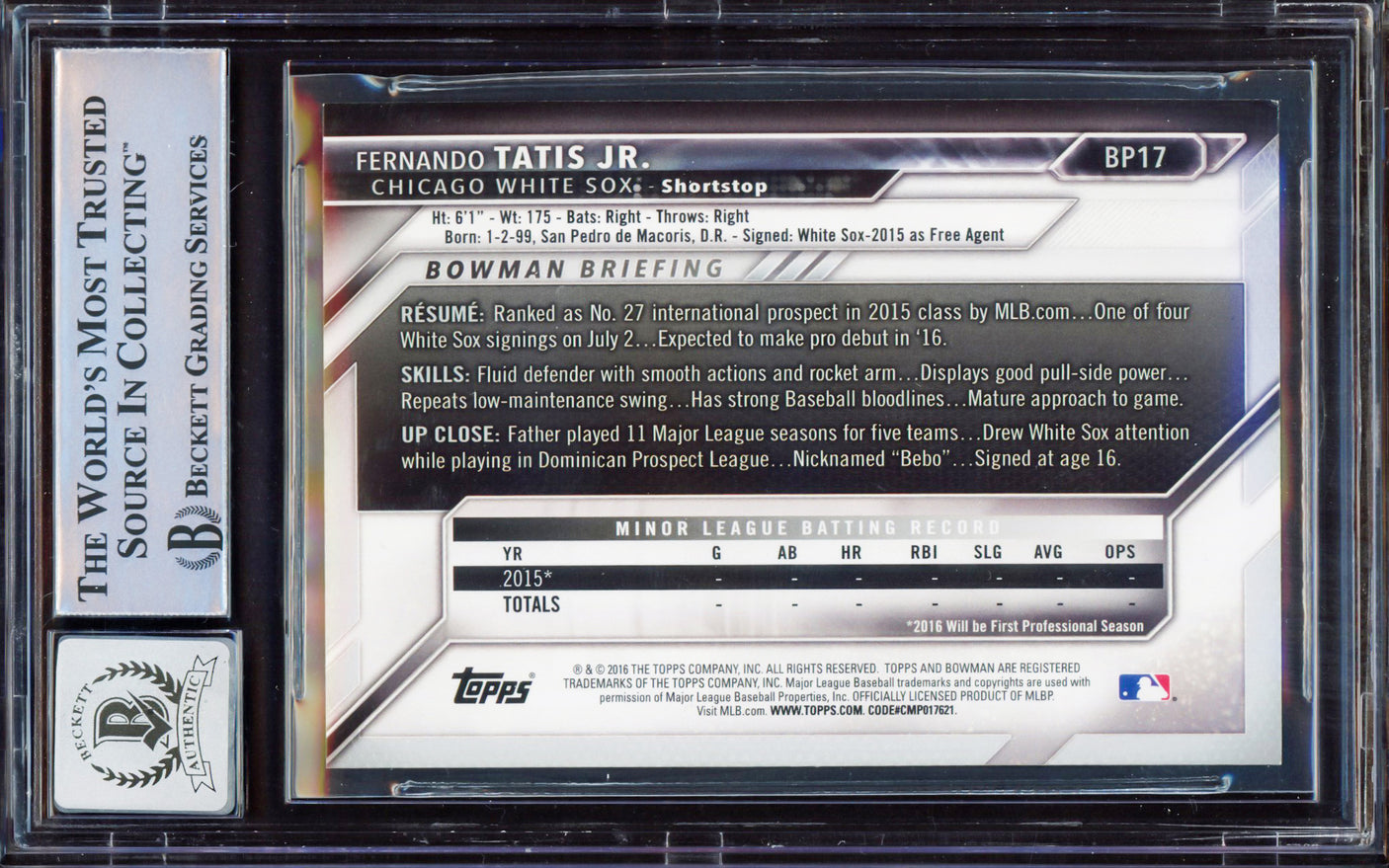 Fernando Tatis Jr. Autographed 2016 Bowman Prospect Yellow Rookie Card #BP17 San Diego Padres BGS 8 Auto Grade Gem Mint 10 Beckett BAS #15350688