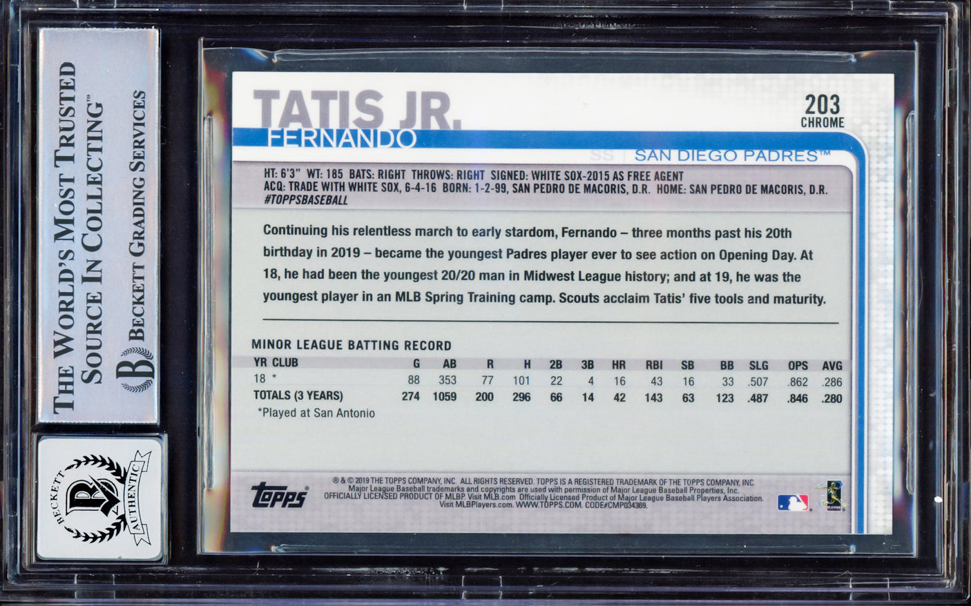 Fernando Tatis Jr. Autographed 2019 Topps Chrome Prism Refractor Rookie Card #203 San Diego Padres BGS 9 Auto Grade Gem Mint 10 Beckett BAS #15350445