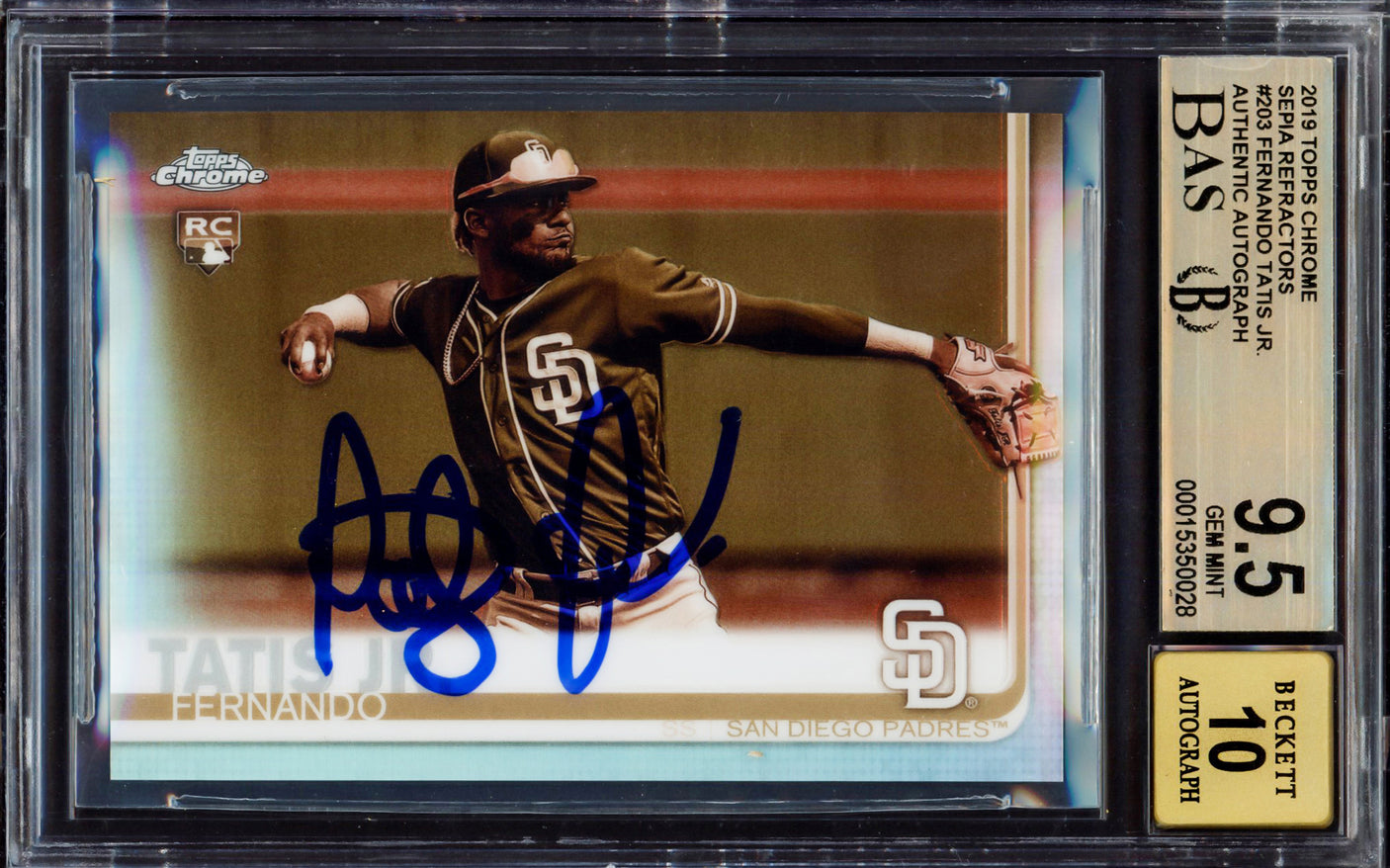 Fernando Tatis Jr. Autographed 2019 Topps Chrome Sepia Refractor Rookie Card #203 San Diego Padres BGS 9.5 Auto Grade Gem Mint 10 Highest Graded Beckett BAS #15350028