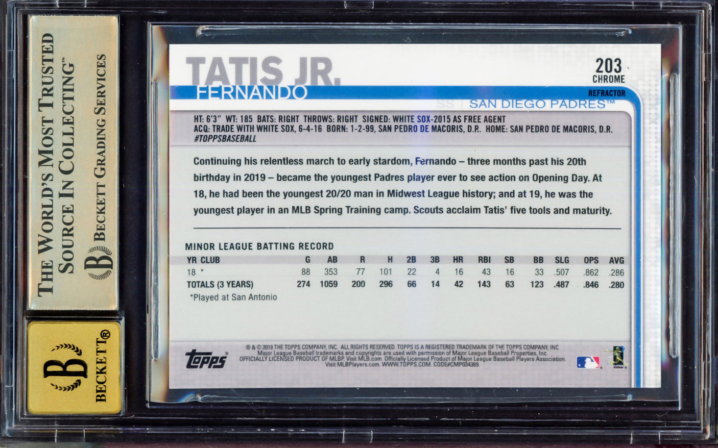 Fernando Tatis Jr. Autographed 2019 Topps Chrome Sepia Refractor Rookie Card #203 San Diego Padres BGS 9.5 Auto Grade Gem Mint 10 Highest Graded Beckett BAS #15350028