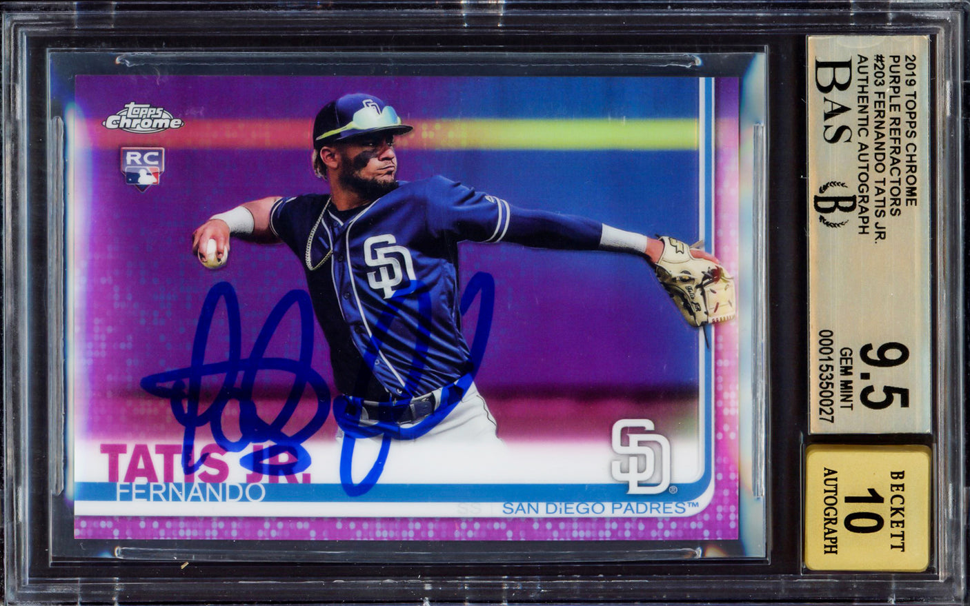 Fernando Tatis Jr. Autographed 2019 Topps Chrome Purple Refractor Rookie Card #203 San Diego Padres BGS 9.5 Auto Grade Gem Mint 10 Beckett BAS #15350027