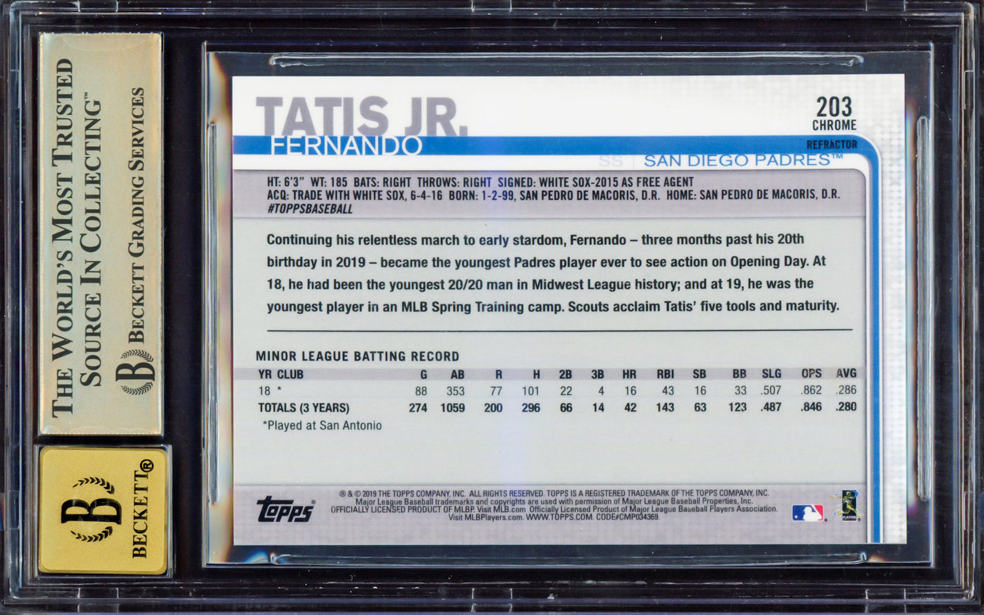 Fernando Tatis Jr. Autographed 2019 Topps Chrome Purple Refractor Rookie Card #203 San Diego Padres BGS 9.5 Auto Grade Gem Mint 10 Beckett BAS #15350027