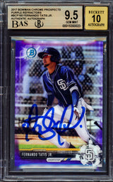 Fernando Tatis Jr. Autographed 2017 Bowman Chrome Prospect Purple Refractor Rookie Card #BCP160 San Diego Padres BGS 9.5 Auto Grade Gem Mint 10 Highest Graded #213/250 Beckett BAS #15350023