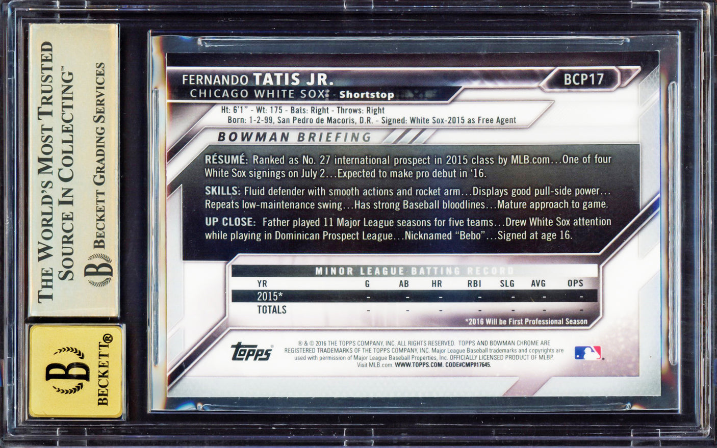 Fernando Tatis Jr. Autographed 2016 Bowman Chrome Prospect Rookie Card #BCP17 San Diego Padres BGS 9.5 Auto Grade Gem Mint 10 Highest Graded Beckett BAS #15349976