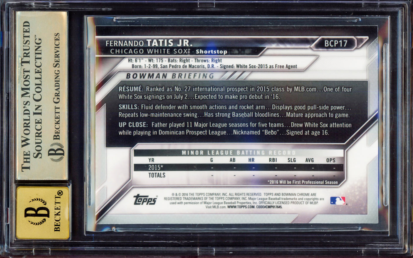 Fernando Tatis Jr. Autographed 2016 Bowman Chrome Prospect Rookie Card #BCP17 San Diego Padres BGS 9.5 Auto Grade Gem Mint 10 Highest Graded Beckett BAS #15349977