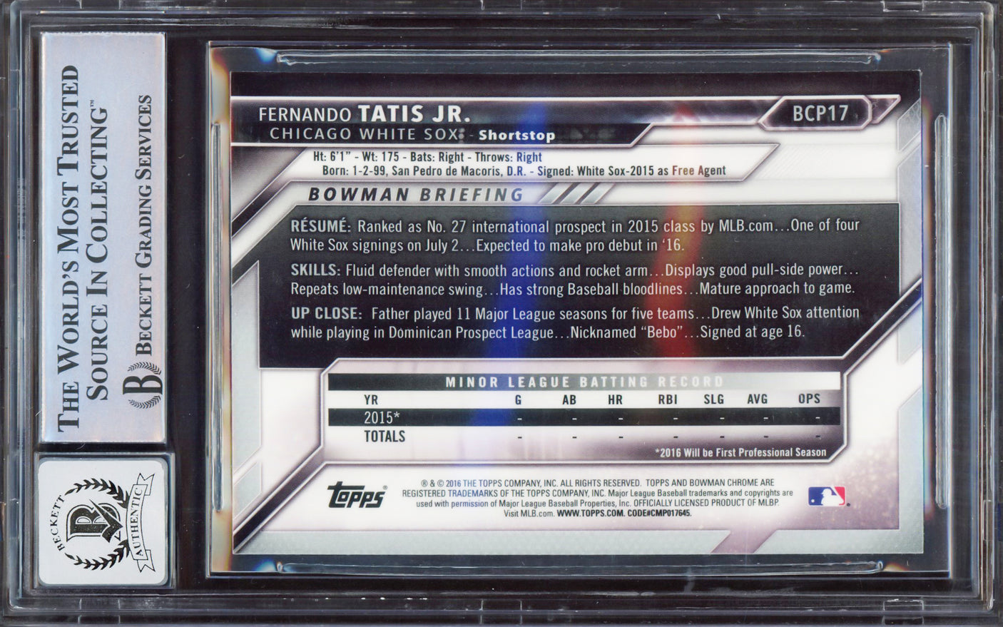 Fernando Tatis Jr. Autographed 2016 Bowman Chrome Prospect Rookie Card #BCP17 San Diego Padres BGS 9 Auto Grade Gem Mint 10 Beckett BAS #15350399