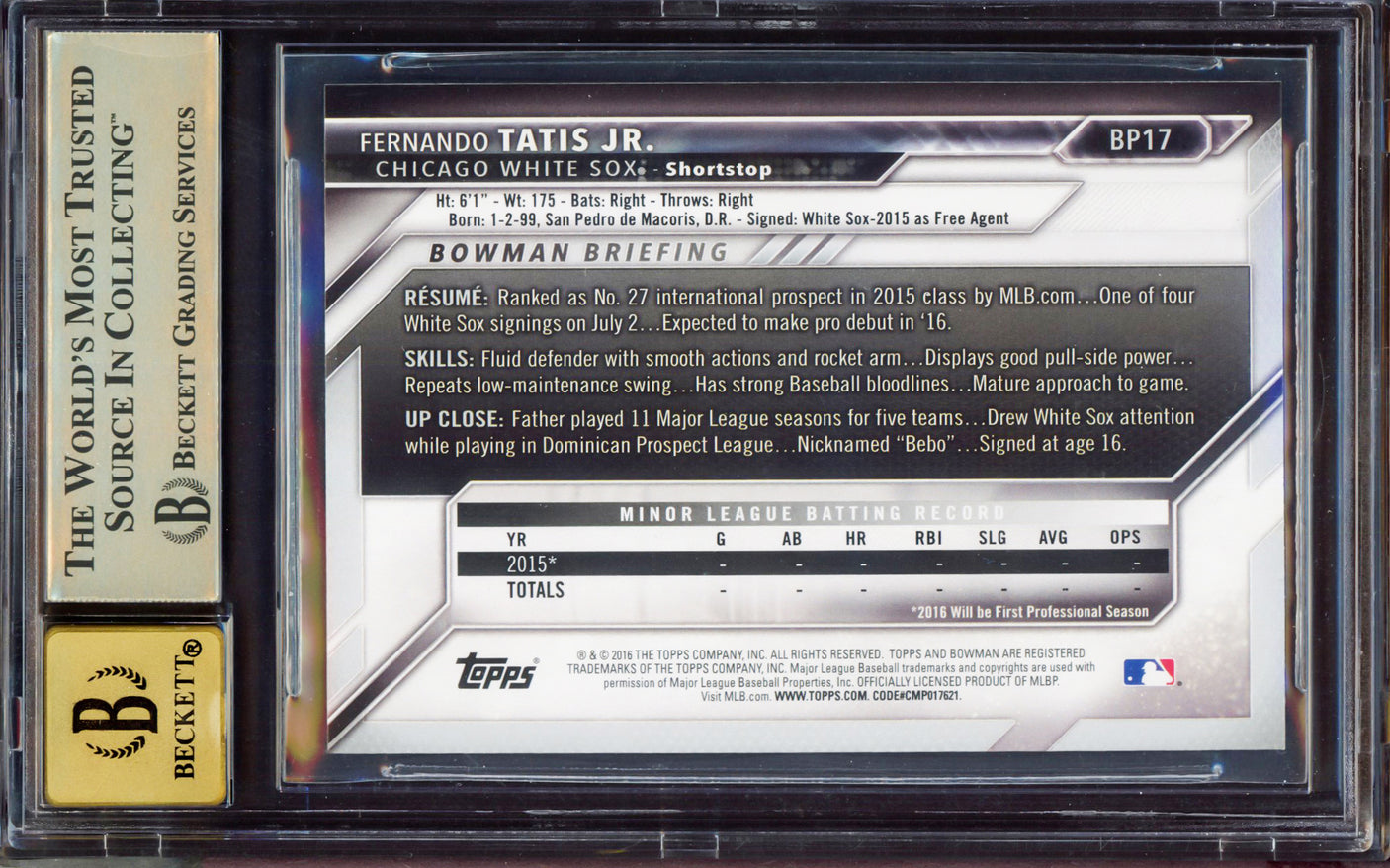 Fernando Tatis Jr. Autographed 2016 Bowman Prospect Rookie Card #BP17 San Diego Padres BGS 9.5 Auto Grade Gem Mint 10 Highest Graded Beckett BAS #15350051