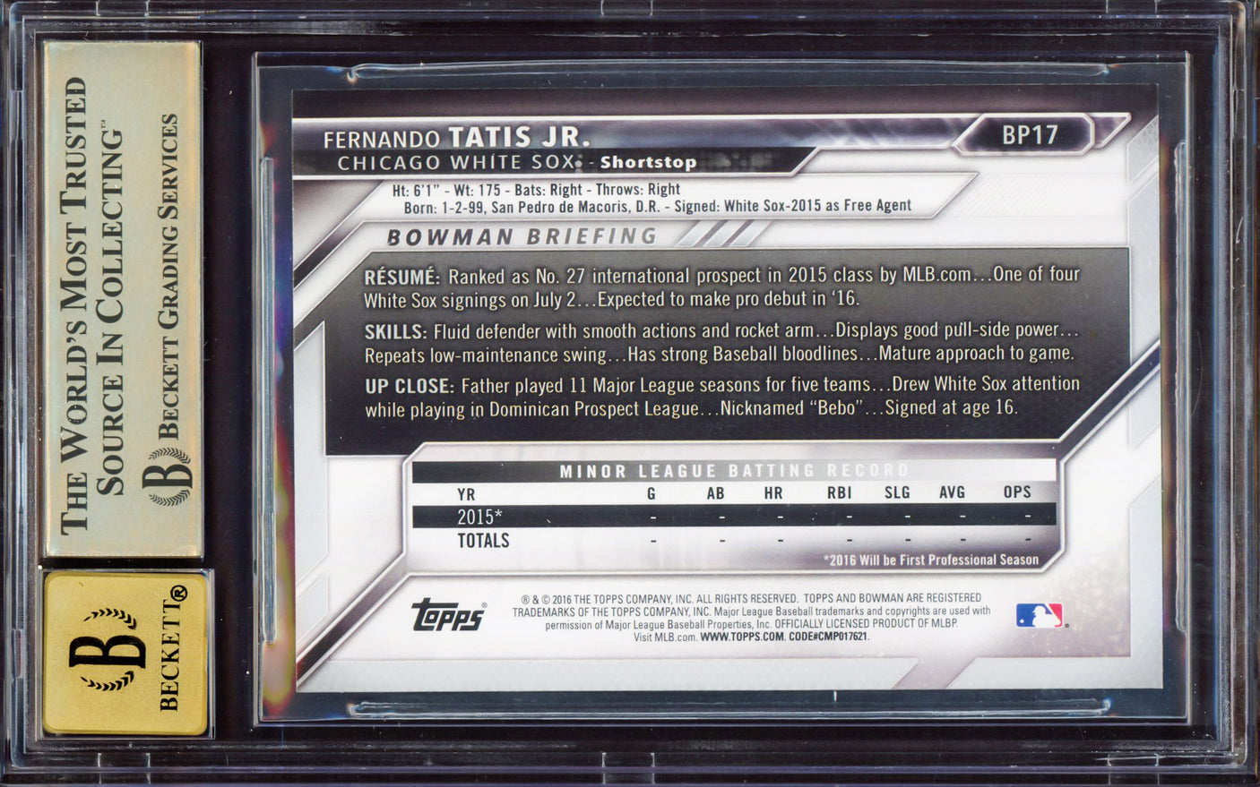 Fernando Tatis Jr. Autographed 2016 Bowman Prospect Rookie Card #BP17 San Diego Padres BGS 9.5 Auto Grade Gem Mint 10 Highest Graded Beckett BAS #15350052