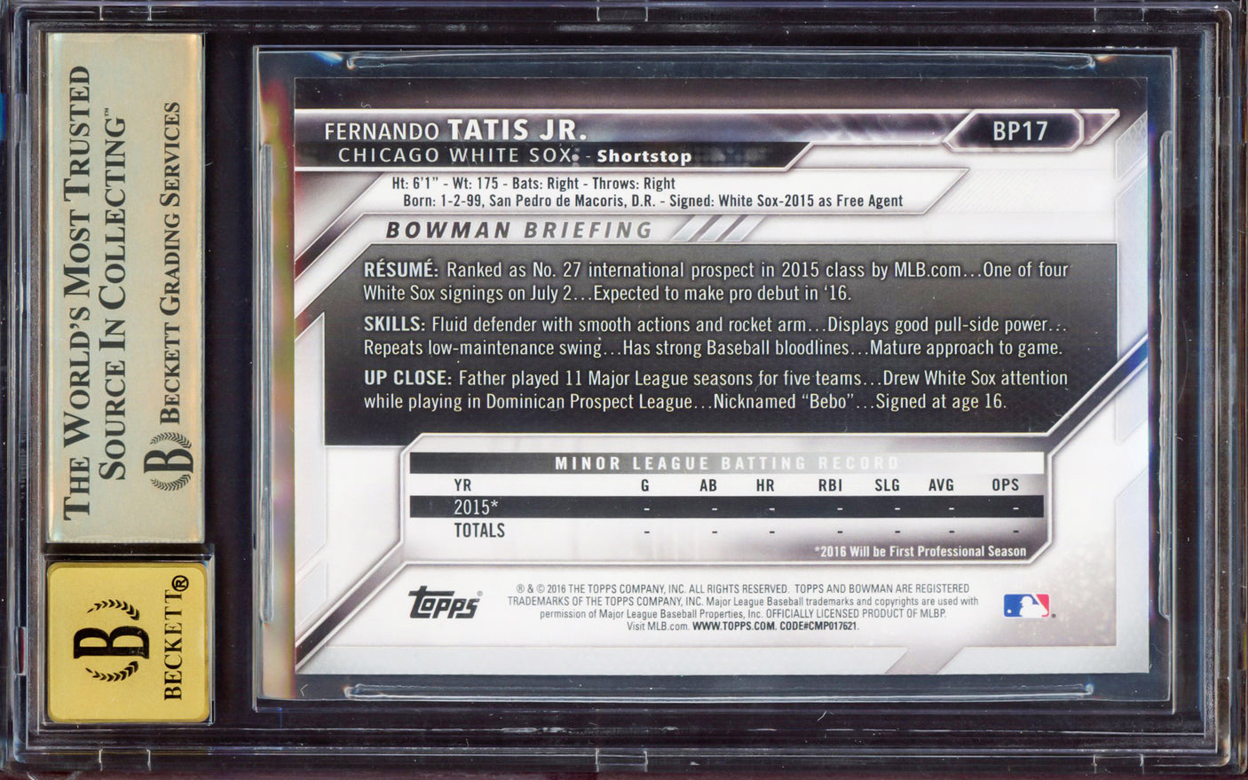 Fernando Tatis Jr. Autographed 2016 Bowman Prospect Rookie Card #BP17 San Diego Padres BGS 9.5 Auto Grade Gem Mint 10 Highest Graded Beckett BAS #15350053