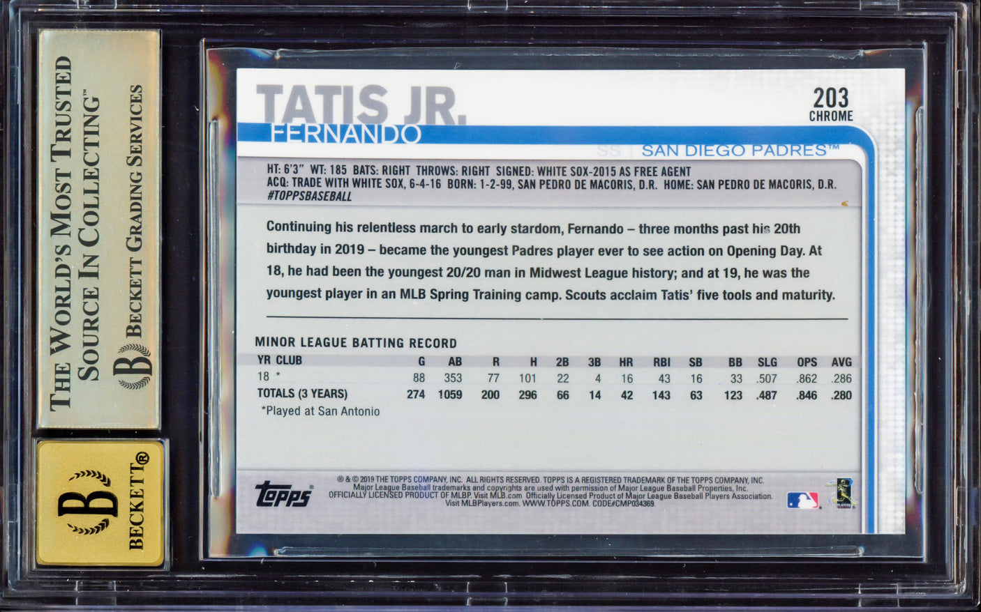 Fernando Tatis Jr. Autographed 2019 Topps Chrome Rookie Card #203 San Diego Padres BGS 9.5 Auto Grade Gem Mint 10 Highest Graded Beckett BAS #15350055