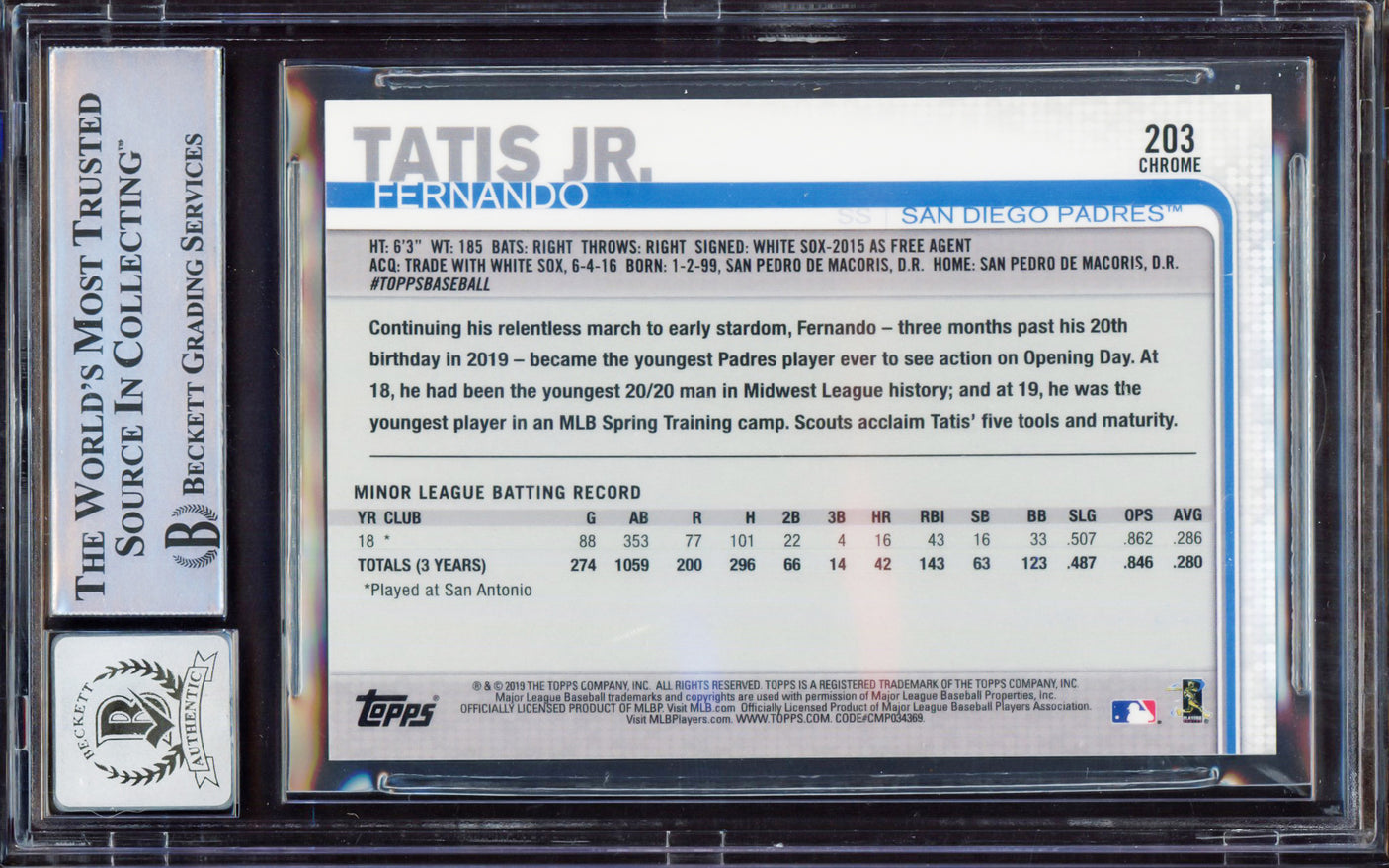 Fernando Tatis Jr. Autographed 2019 Topps Chrome Rookie Card #203 San Diego Padres BGS 8 Auto Grade Gem Mint 10 Beckett BAS #15350704