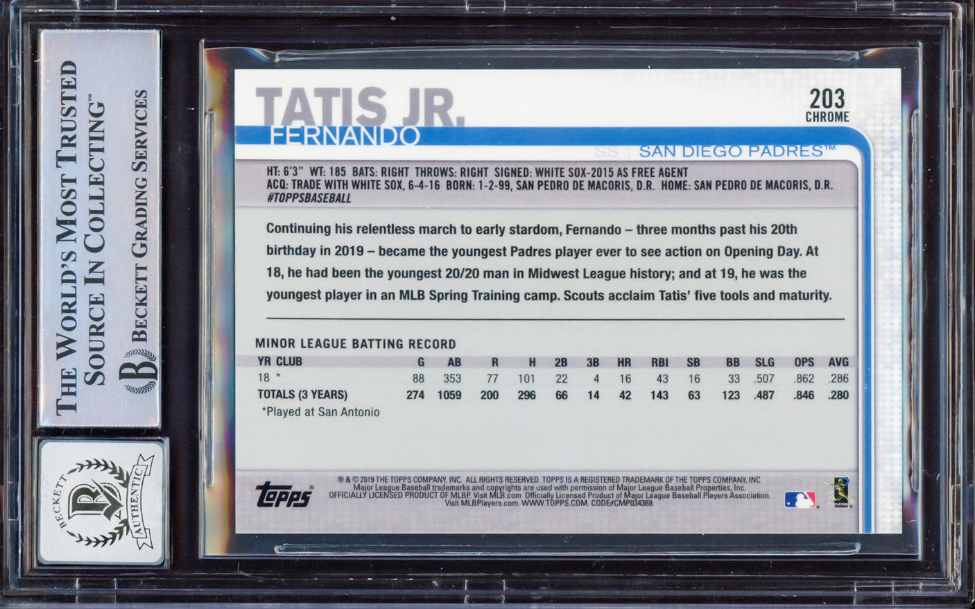 Fernando Tatis Jr. Autographed 2019 Topps Chrome Rookie Card #203 San Diego Padres BGS 8 Auto Grade Gem Mint 10 Beckett BAS #15350705