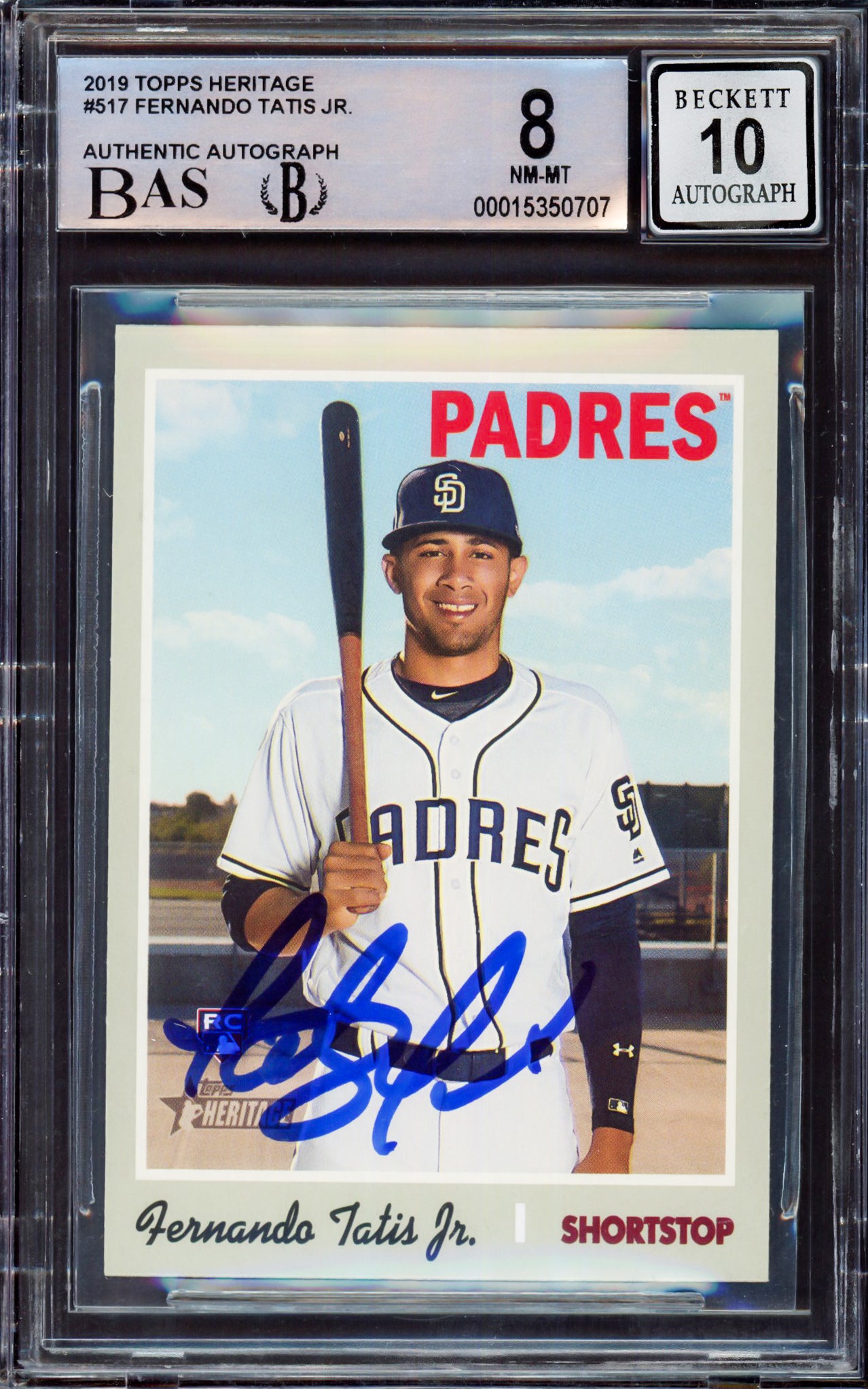 Fernando Tatis Jr. Autographed 2019 Topps Heritage Rookie Card #517 San Diego Padres BGS 8 Auto Grade Gem Mint 10 Beckett BAS #15350707