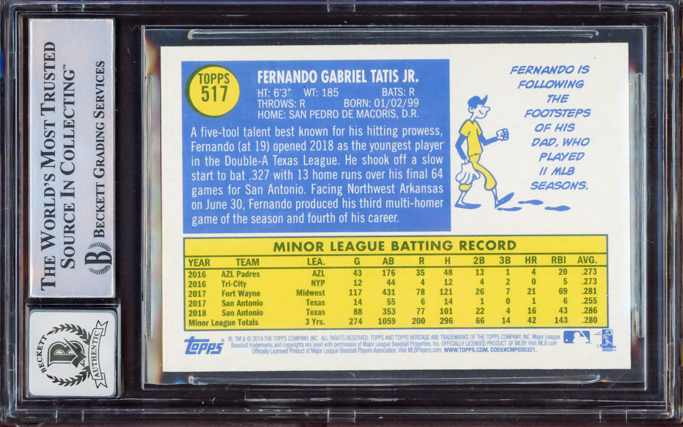 Fernando Tatis Jr. Autographed 2019 Topps Heritage Rookie Card #517 San Diego Padres BGS 8 Auto Grade Gem Mint 10 Beckett BAS #15350707